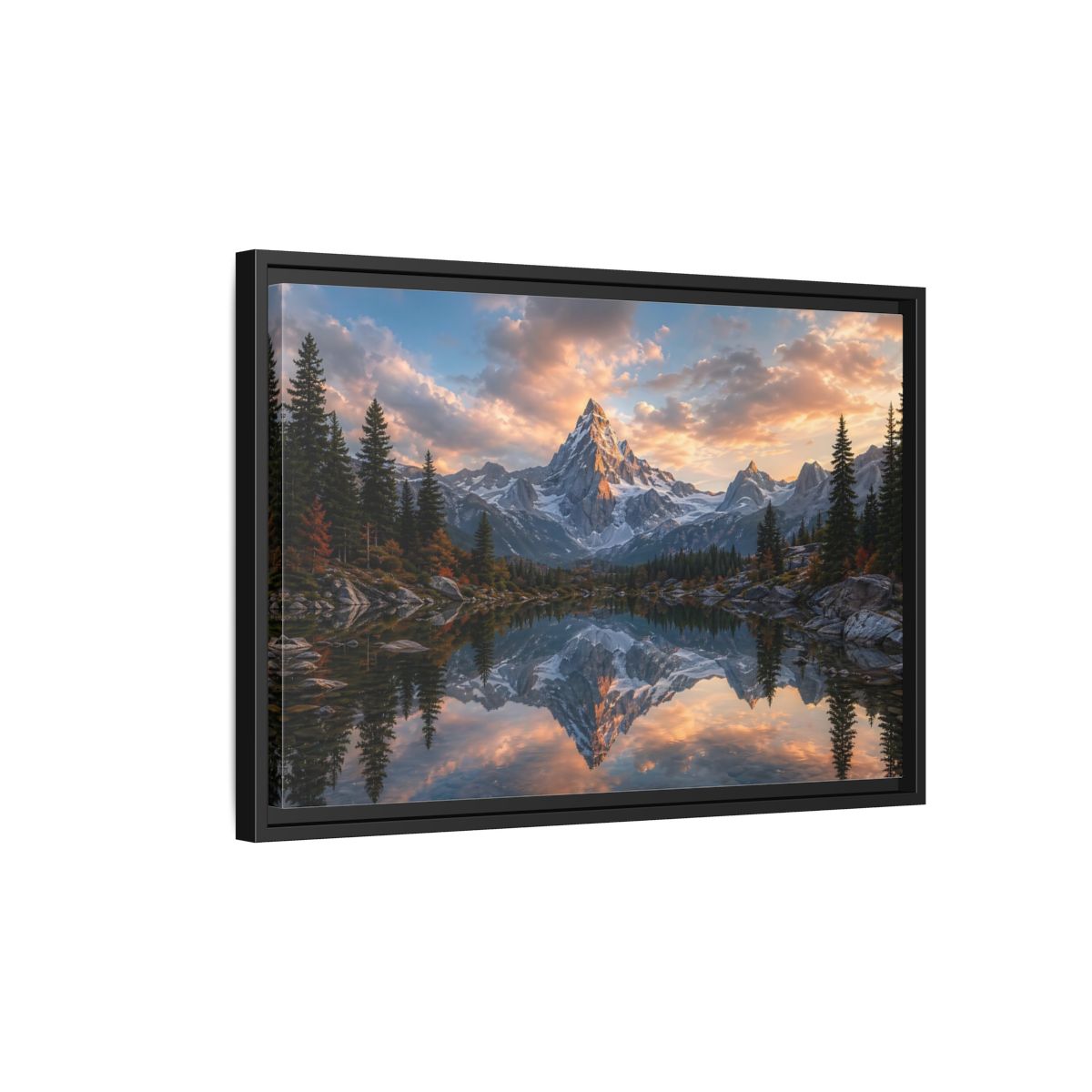 Side Mockup 3. Nature Snowy Mountain Mountain Lake Sunset shown as stretched canvas wall art