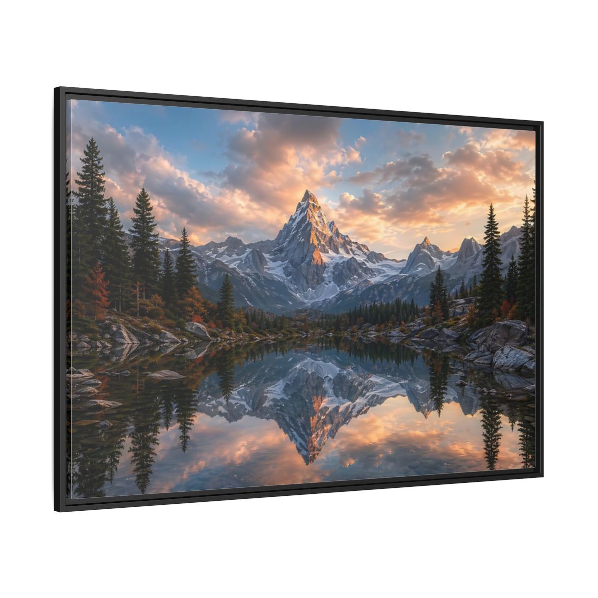 Side Mockup 12. Nature Snowy Mountain Mountain Lake Sunset shown as stretched canvas wall art