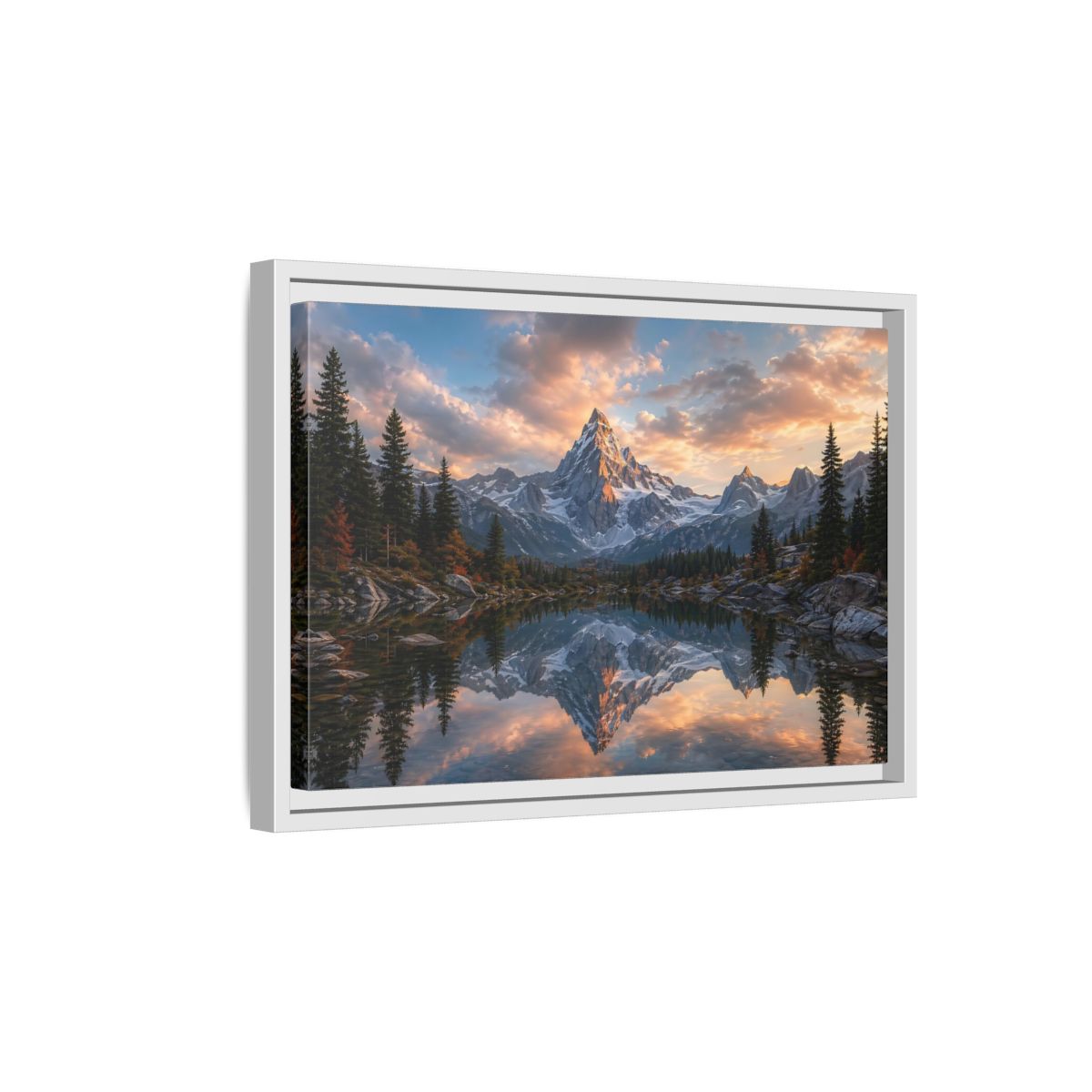 Side Mockup 4. Nature Snowy Mountain Mountain Lake Sunset shown as stretched canvas wall art