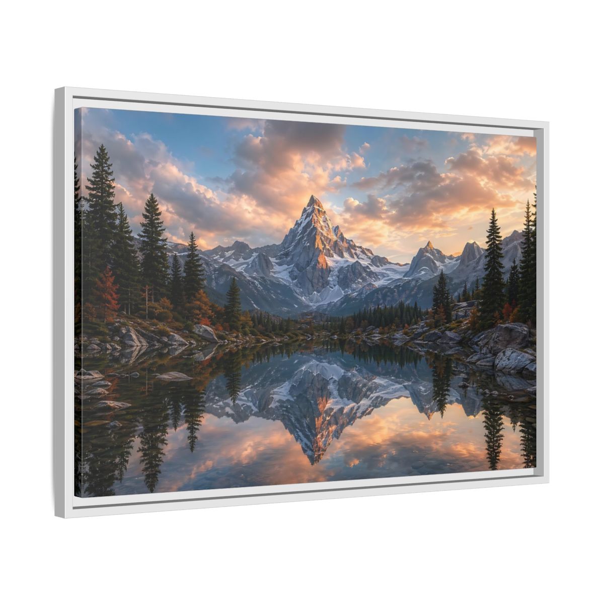 Side Mockup 10. Nature Snowy Mountain Mountain Lake Sunset shown as stretched canvas wall art