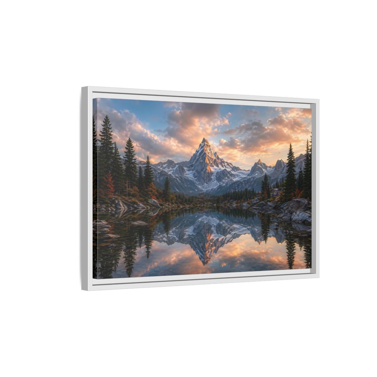 Side Mockup 1. Nature Snowy Mountain Mountain Lake Sunset shown as stretched canvas wall art