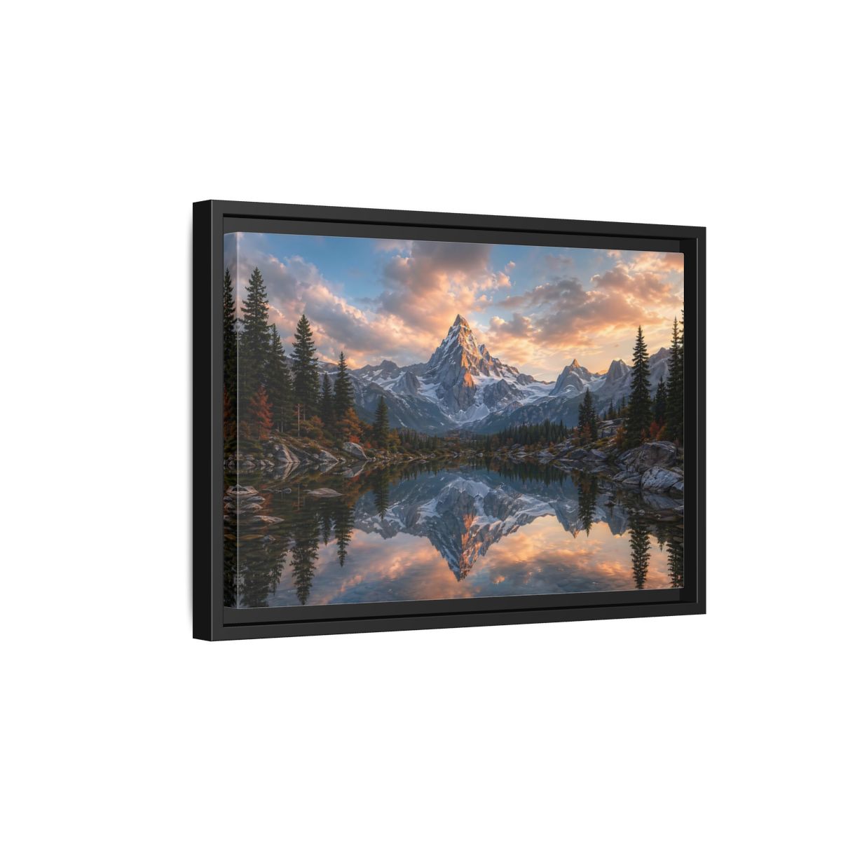 Side Mockup 6. Nature Snowy Mountain Mountain Lake Sunset shown as stretched canvas wall art