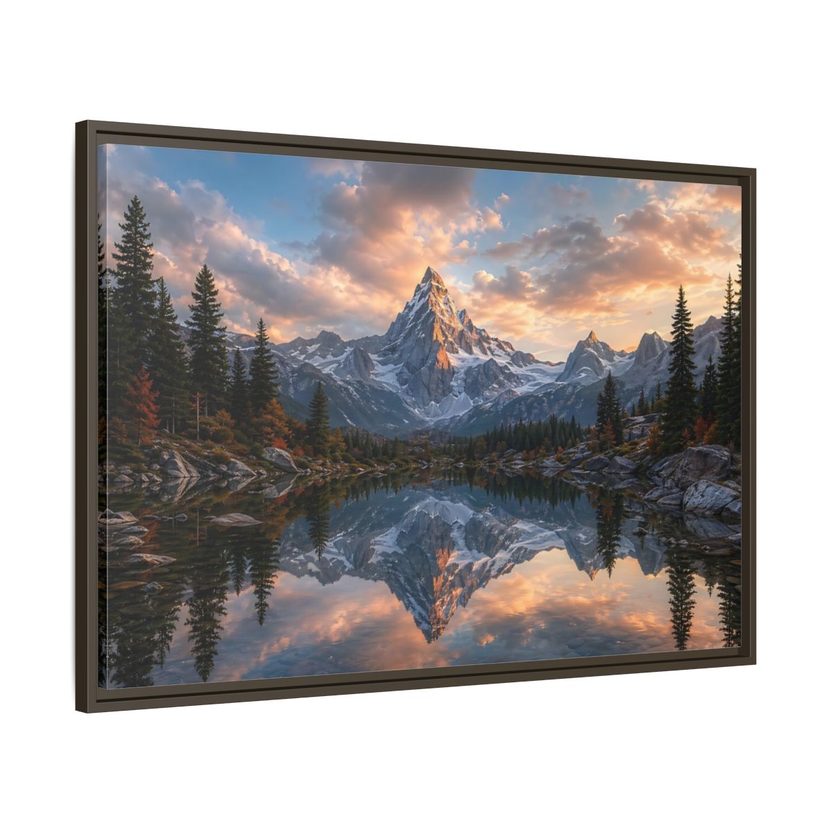 Main Mockup. Nature Snowy Mountain Mountain Lake Sunset shown as stretched canvas wall art