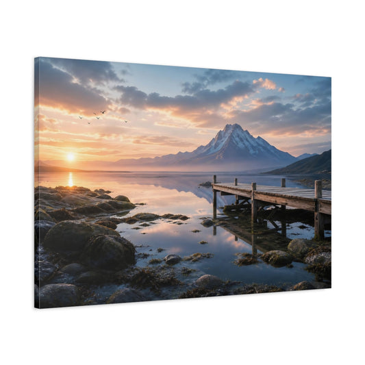 Main Mockup. Nature Snowy Mountain Mountain Lake Sunset shown as stretched canvas wall art