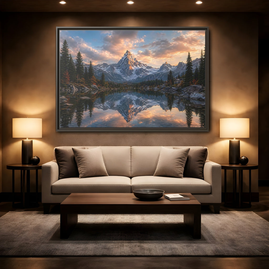 Mockup 2. Nature Snowy Mountain Mountain Lake Sunset shown as stretched canvas wall art