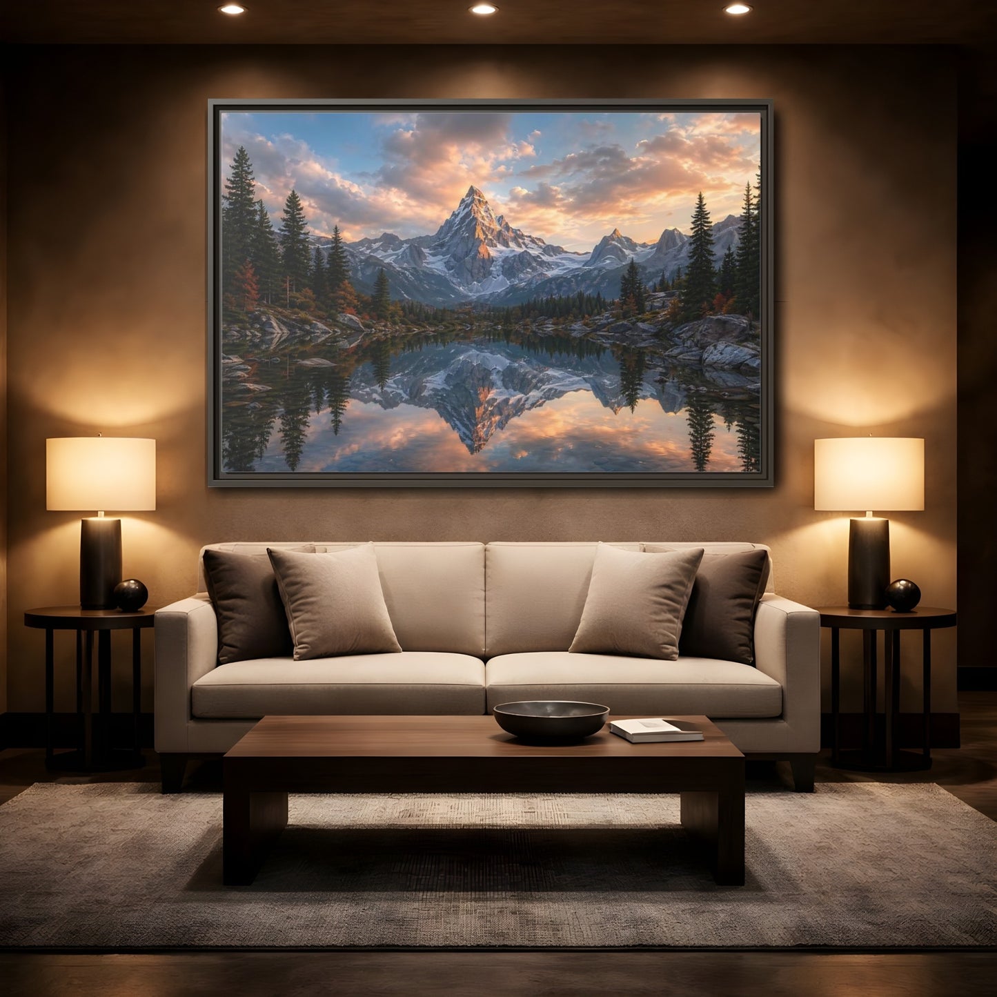 Mockup 2. Nature Snowy Mountain Mountain Lake Sunset shown as stretched canvas wall art