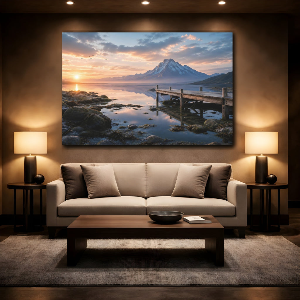 Mockup 2. Nature Snowy Mountain Mountain Lake Sunset shown as stretched canvas wall art