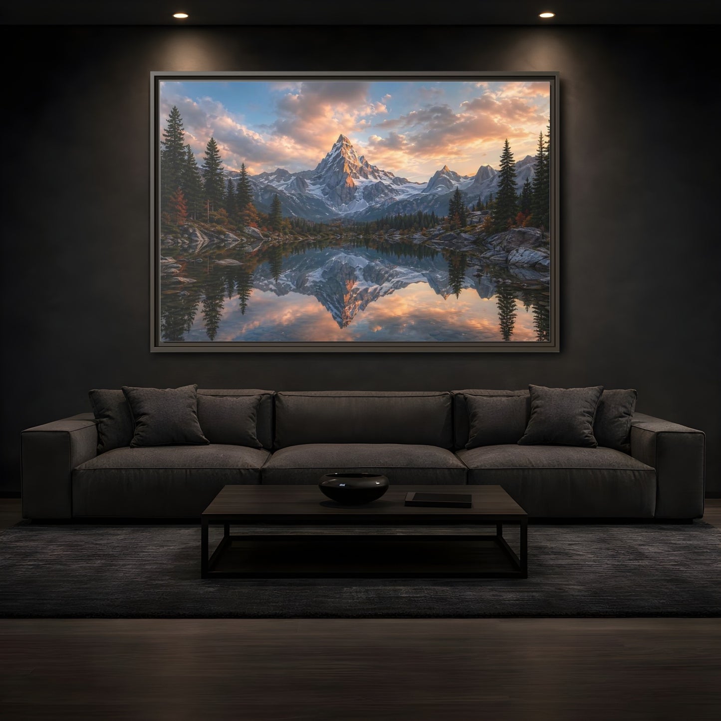 Mockup 3. Nature Snowy Mountain Mountain Lake Sunset shown as stretched canvas wall art