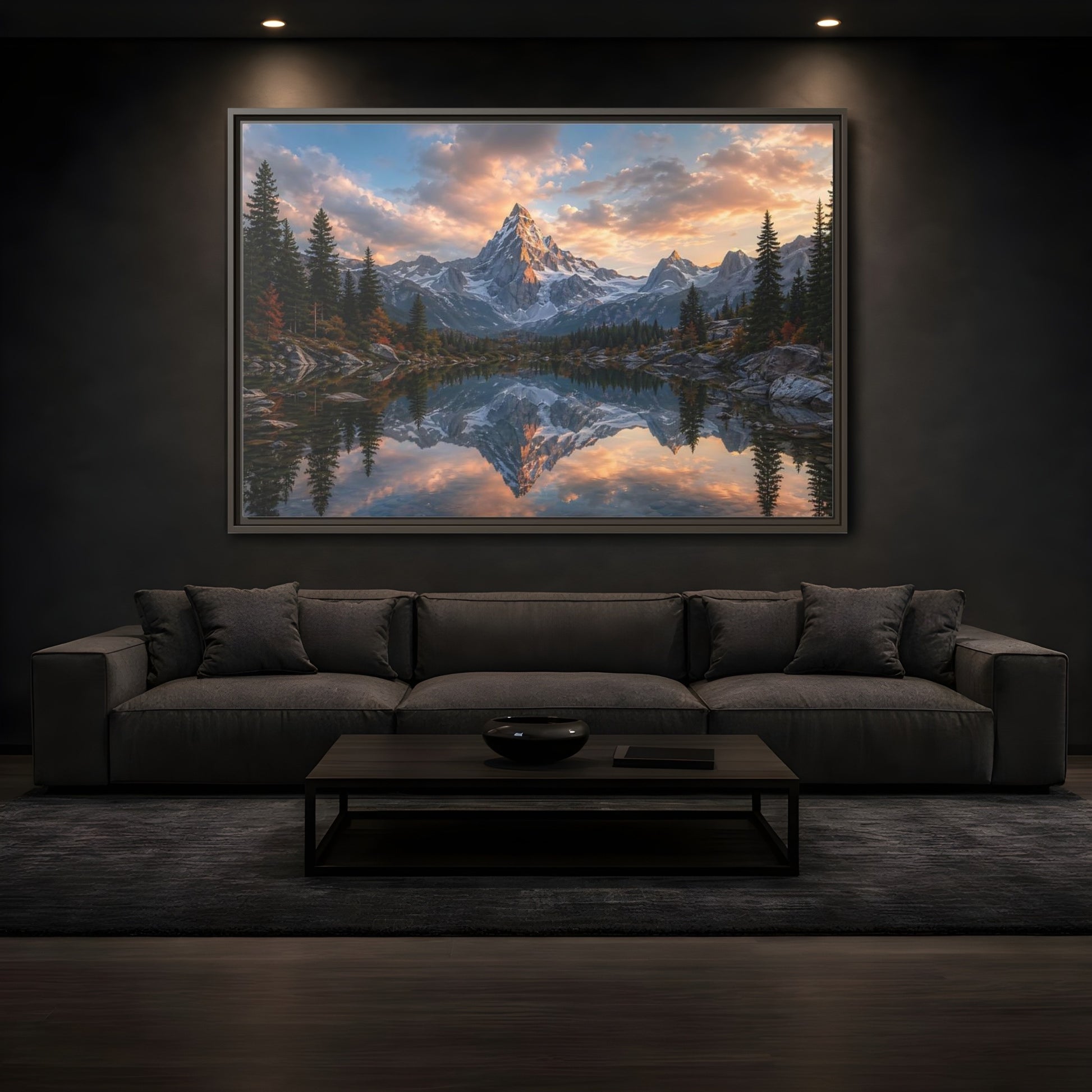 Mockup 3. Nature Snowy Mountain Mountain Lake Sunset shown as stretched canvas wall art
