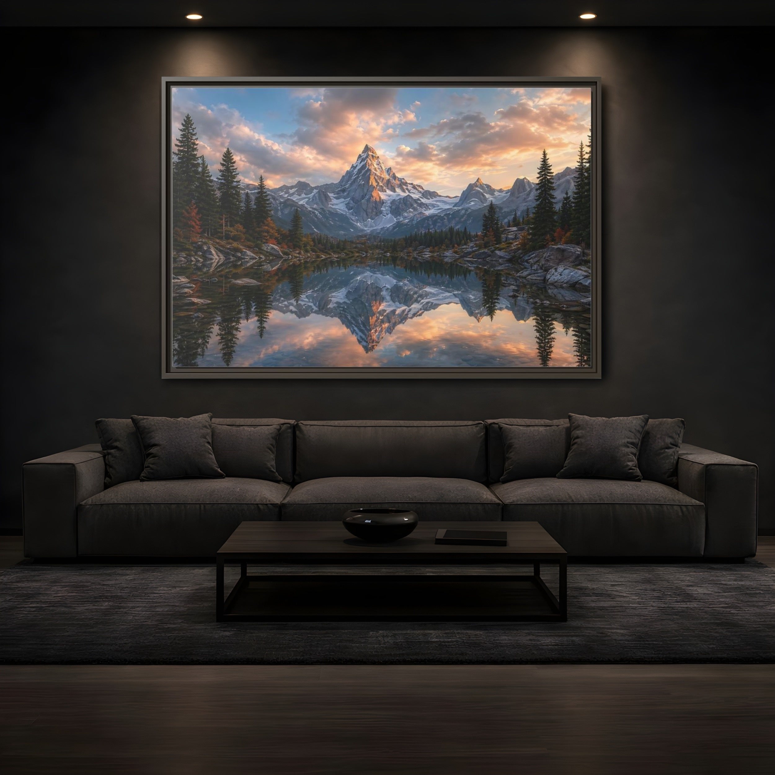Mockup 3. Nature Snowy Mountain Mountain Lake Sunset shown as stretched canvas wall art