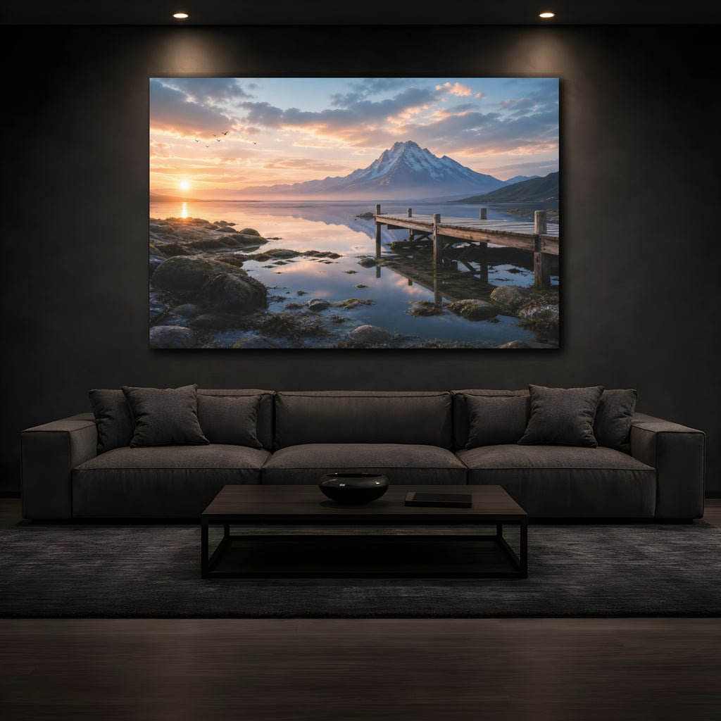 Mockup 3. Nature Snowy Mountain Mountain Lake Sunset shown as stretched canvas wall art