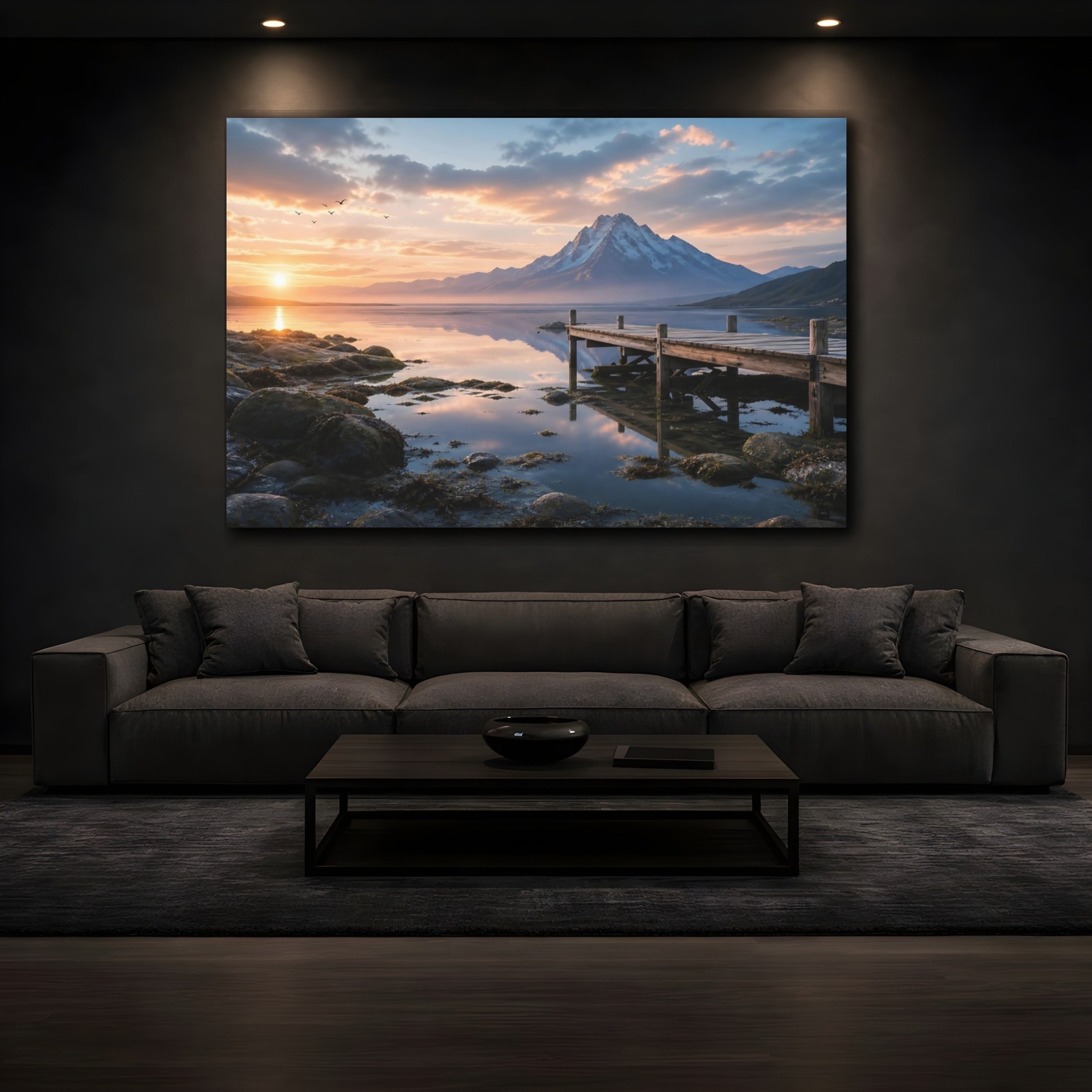 Mockup 3. Nature Snowy Mountain Mountain Lake Sunset shown as stretched canvas wall art