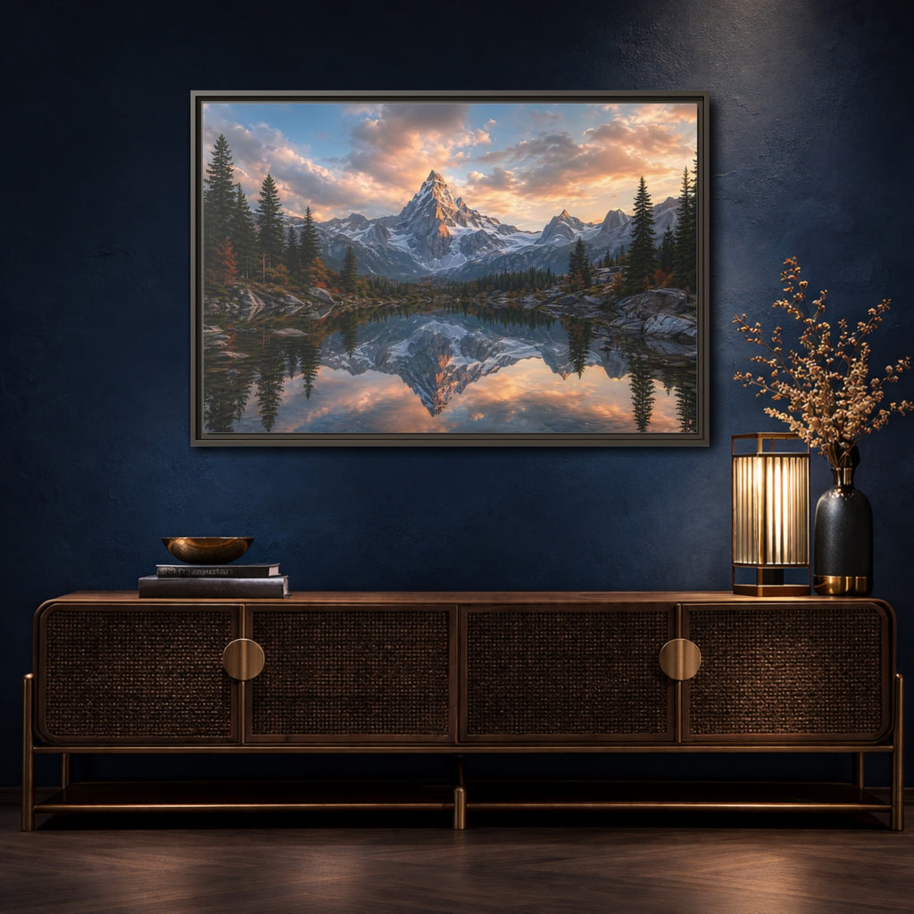 Mockup 4. Nature Snowy Mountain Mountain Lake Sunset shown as stretched canvas wall art