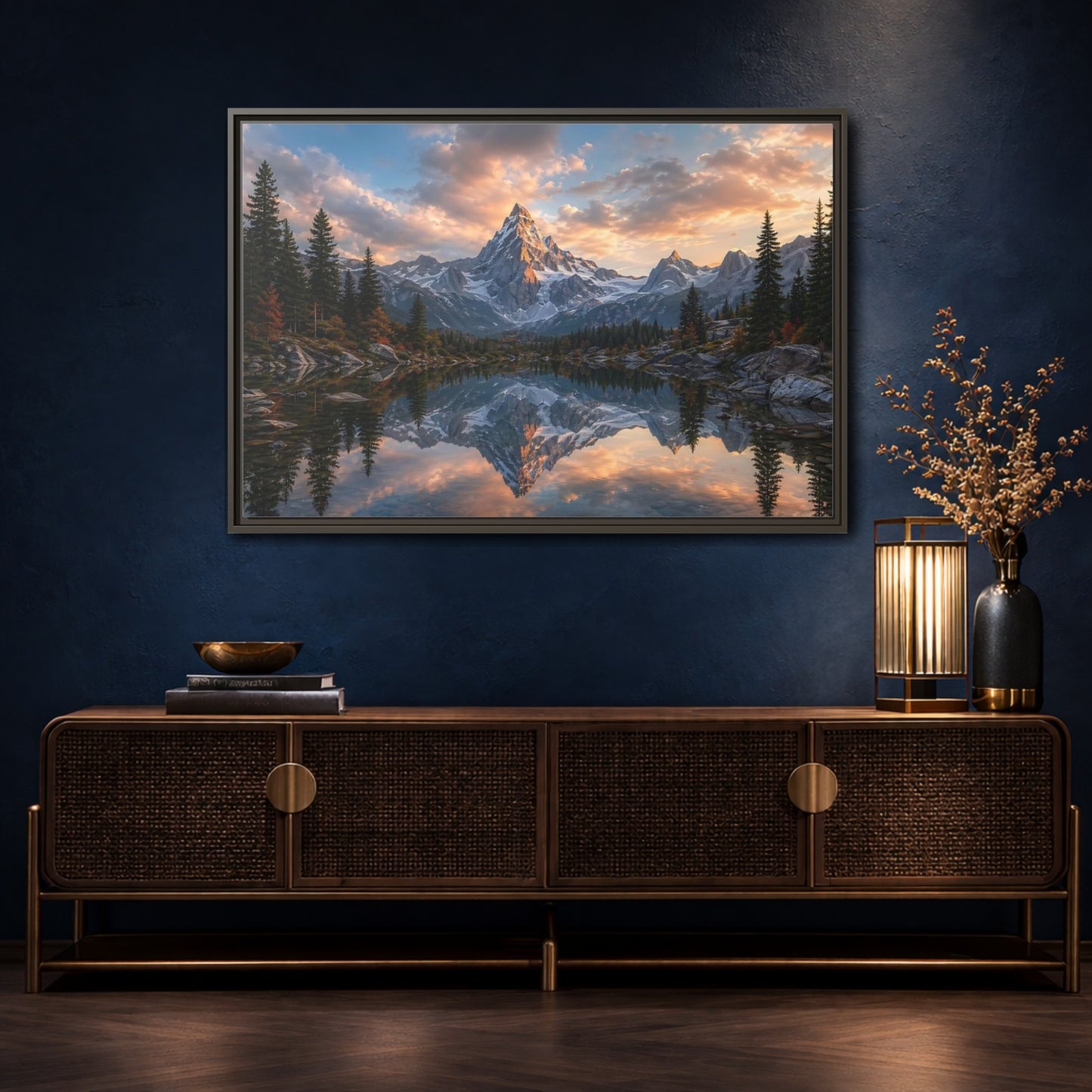 Mockup 4. Nature Snowy Mountain Mountain Lake Sunset shown as stretched canvas wall art