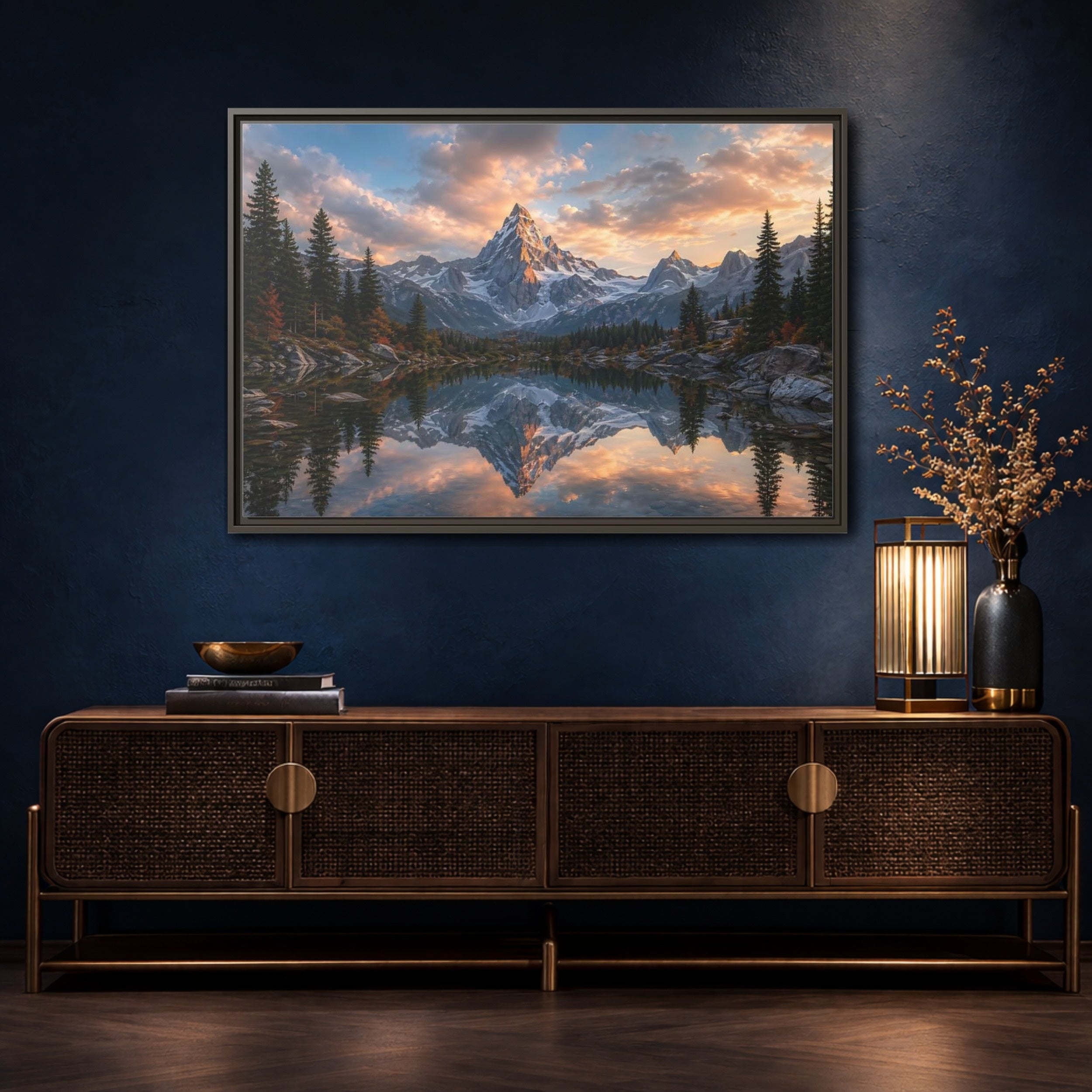 Mockup 4. Nature Snowy Mountain Mountain Lake Sunset shown as stretched canvas wall art