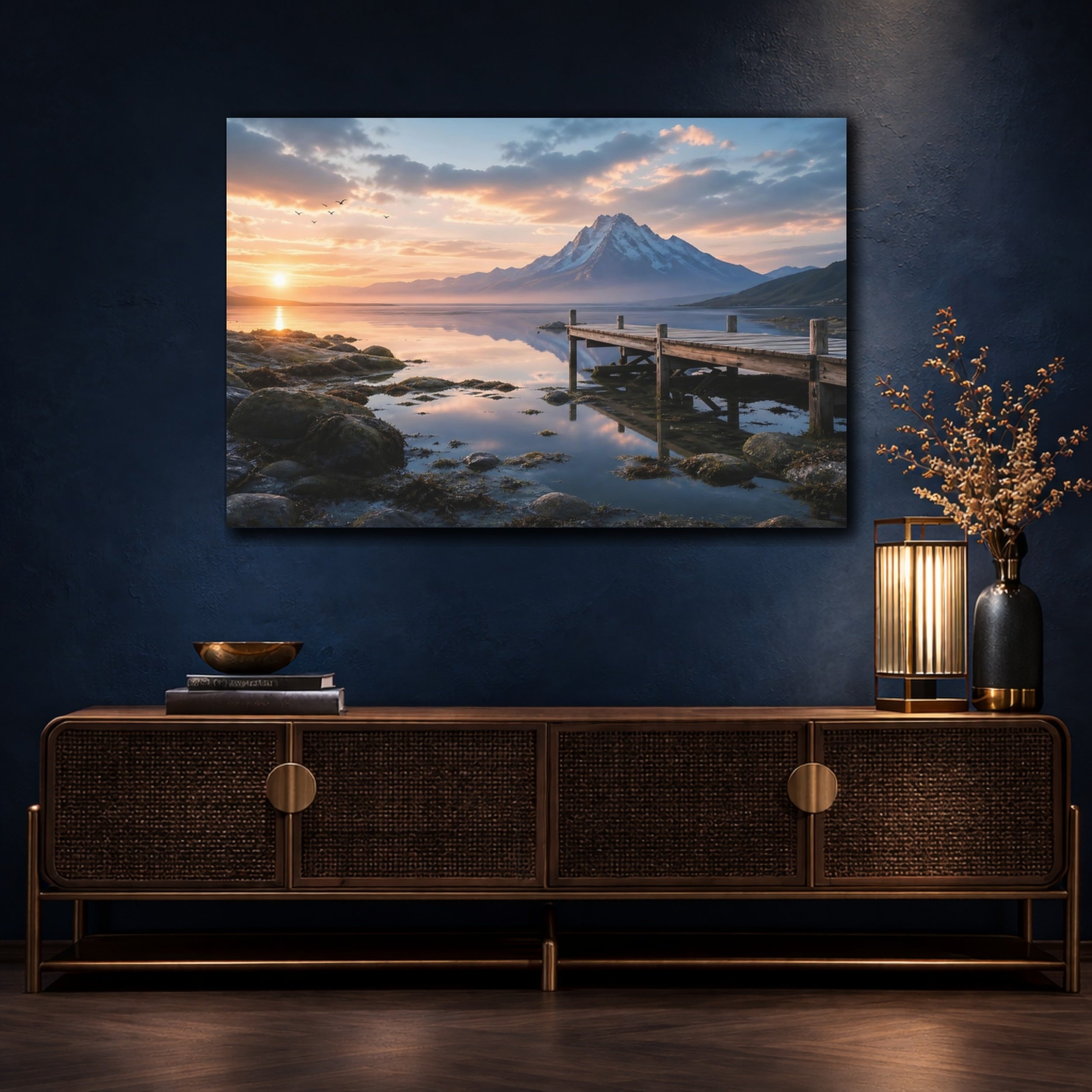Mockup 4. Nature Snowy Mountain Mountain Lake Sunset shown as stretched canvas wall art