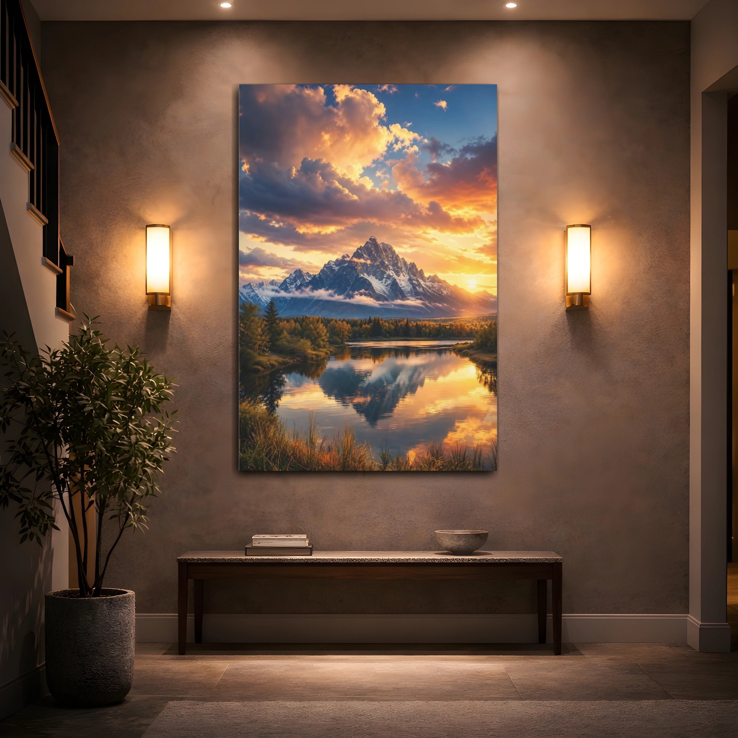 Mockup 2. Nature Snowy Mountain Mountain Sunset shown as stretched canvas wall art