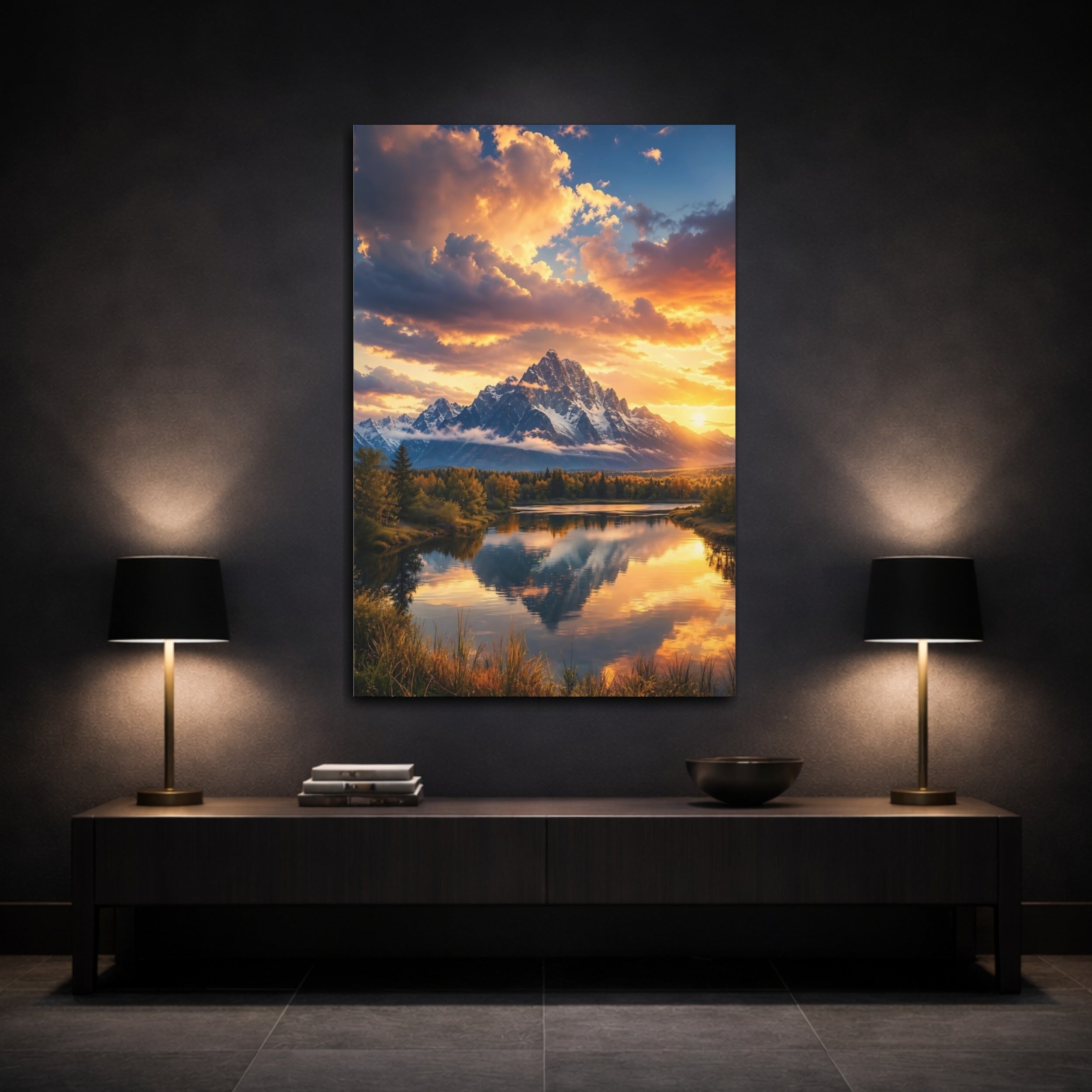 Mockup 3. Nature Snowy Mountain Mountain Sunset shown as stretched canvas wall art