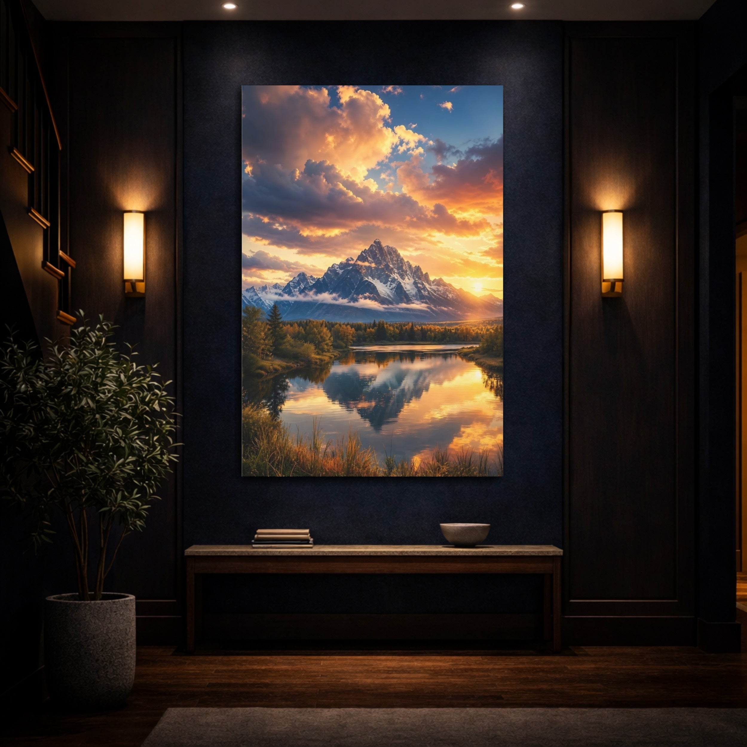 Mockup 4. Nature Snowy Mountain Mountain Sunset shown as stretched canvas wall art