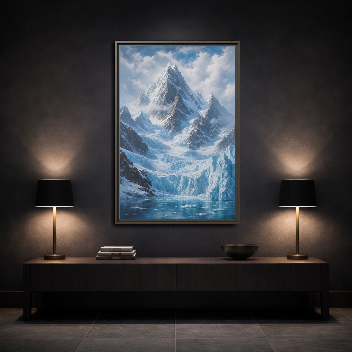 Mockup 3. Nature Snowy Mountain Snowy Glacier Landscape shown as stretched canvas wall art