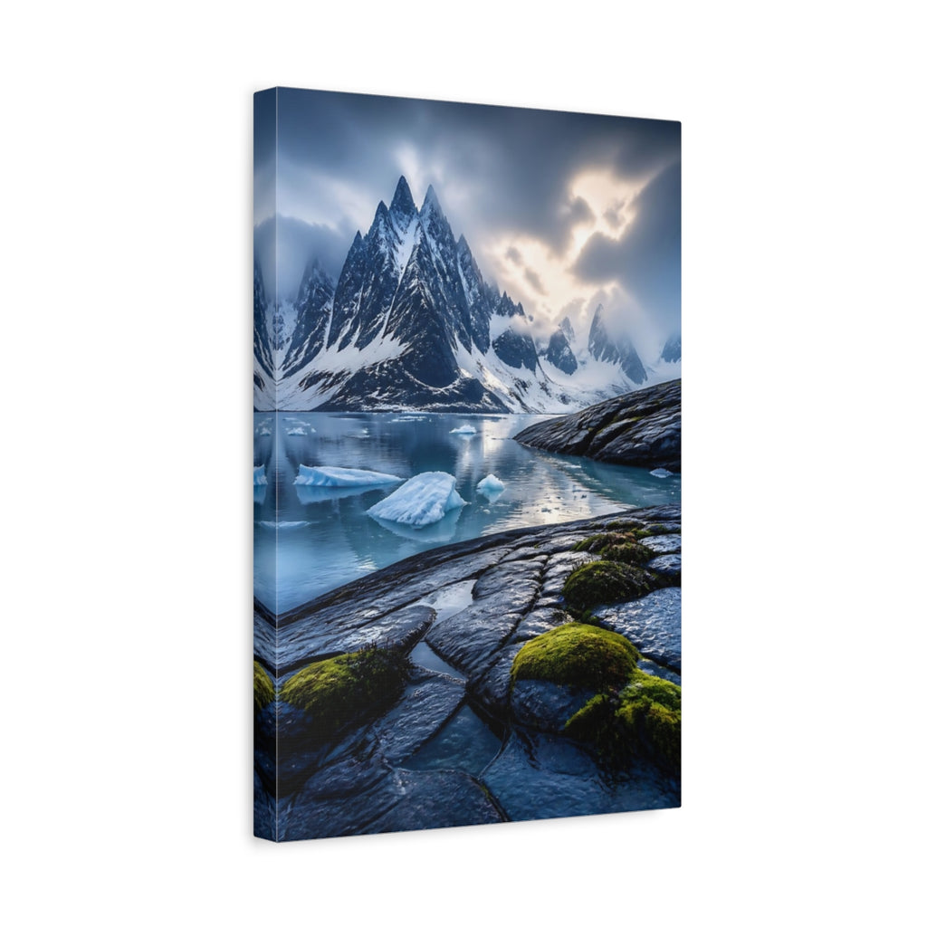 Side Mockup 4. Nature Snowy Mountains Arctic Mountain Fjord shown as stretched canvas wall art