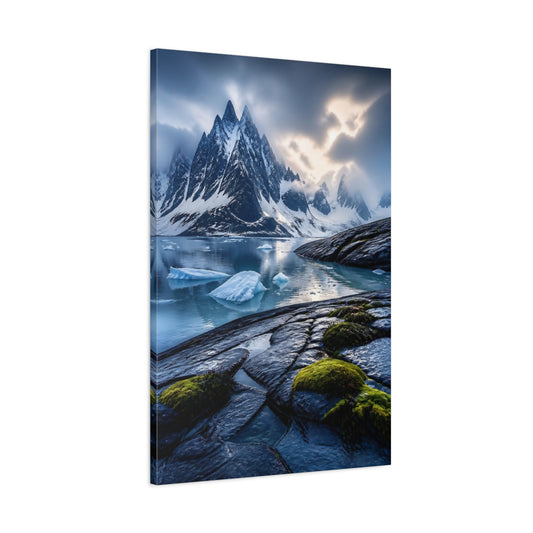 Main Mockup. Nature Snowy Mountains Arctic Mountain Fjord shown as stretched canvas wall art