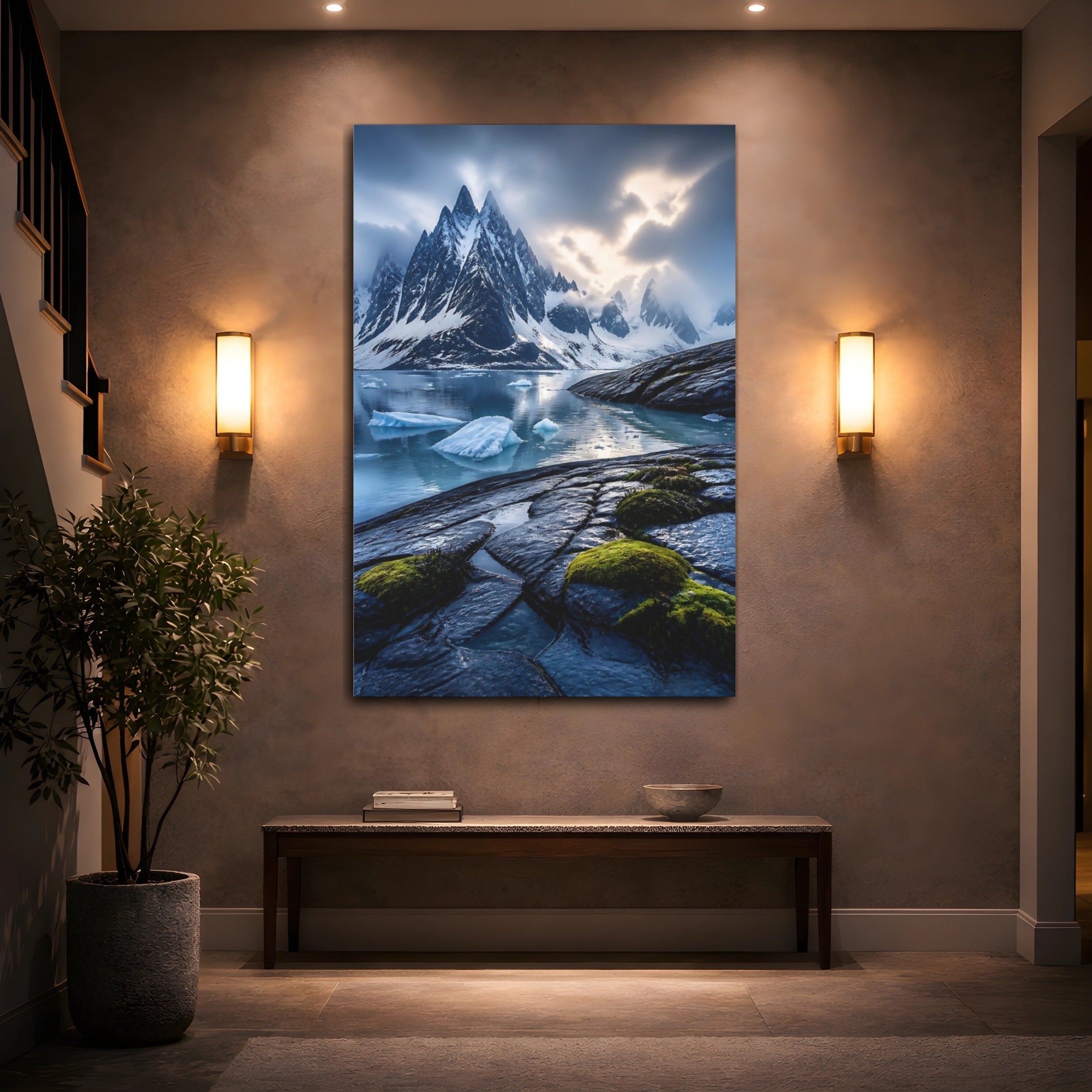 Mockup 2. Nature Snowy Mountains Arctic Mountain Fjord shown as stretched canvas wall art
