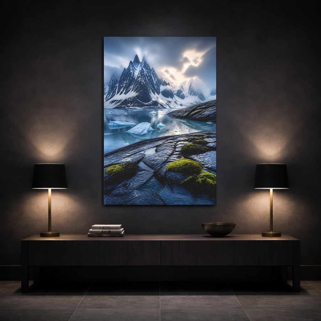 Mockup 3. Nature Snowy Mountains Arctic Mountain Fjord shown as stretched canvas wall art