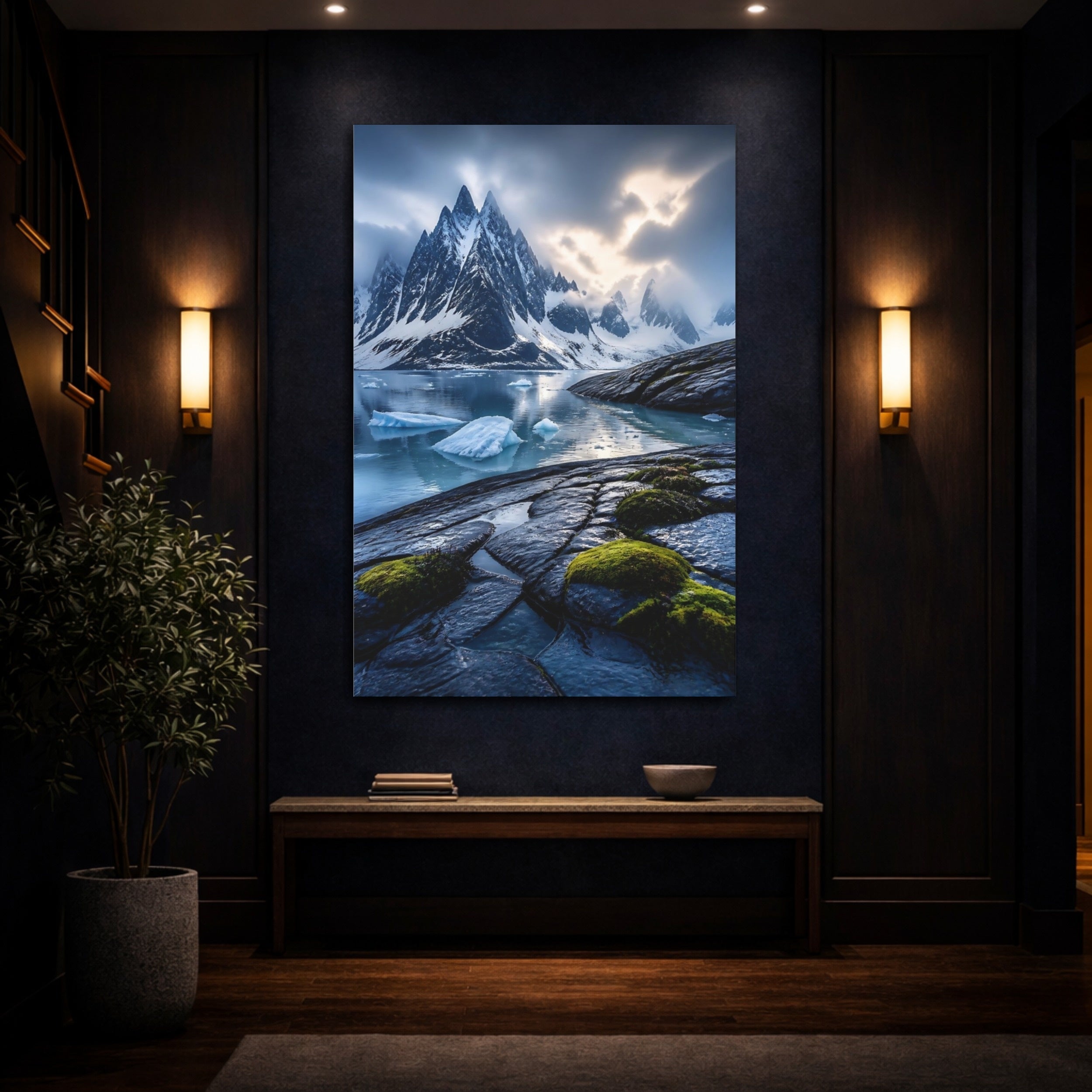 Mockup 4. Nature Snowy Mountains Arctic Mountain Fjord shown as stretched canvas wall art