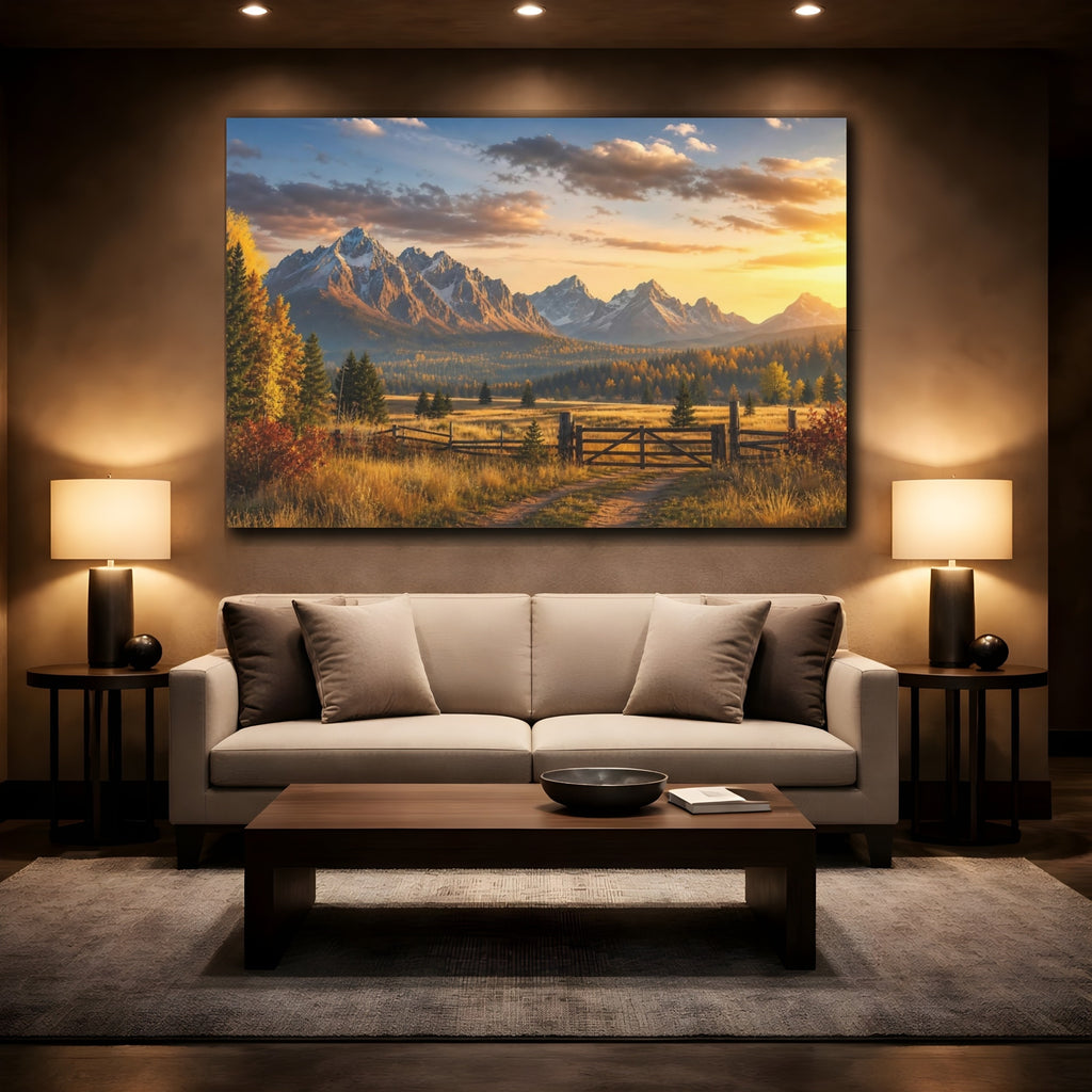 Mockup 2. Nature Snowy Mountains Autumn Mountain Landscape shown as stretched canvas wall art