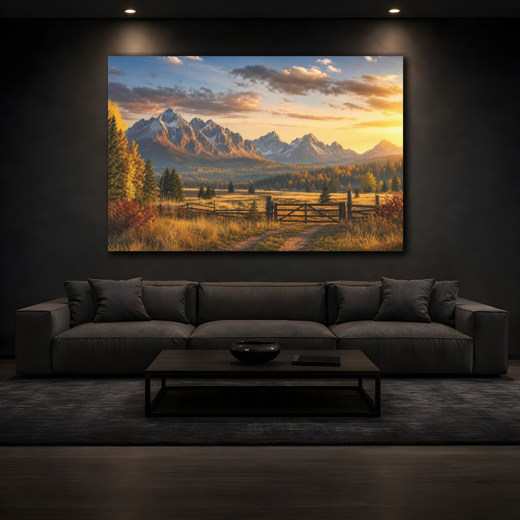 Mockup 3. Nature Snowy Mountains Autumn Mountain Landscape shown as stretched canvas wall art