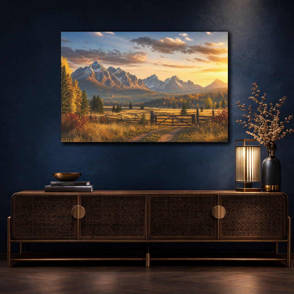 Mockup 4. Nature Snowy Mountains Autumn Mountain Landscape shown as stretched canvas wall art