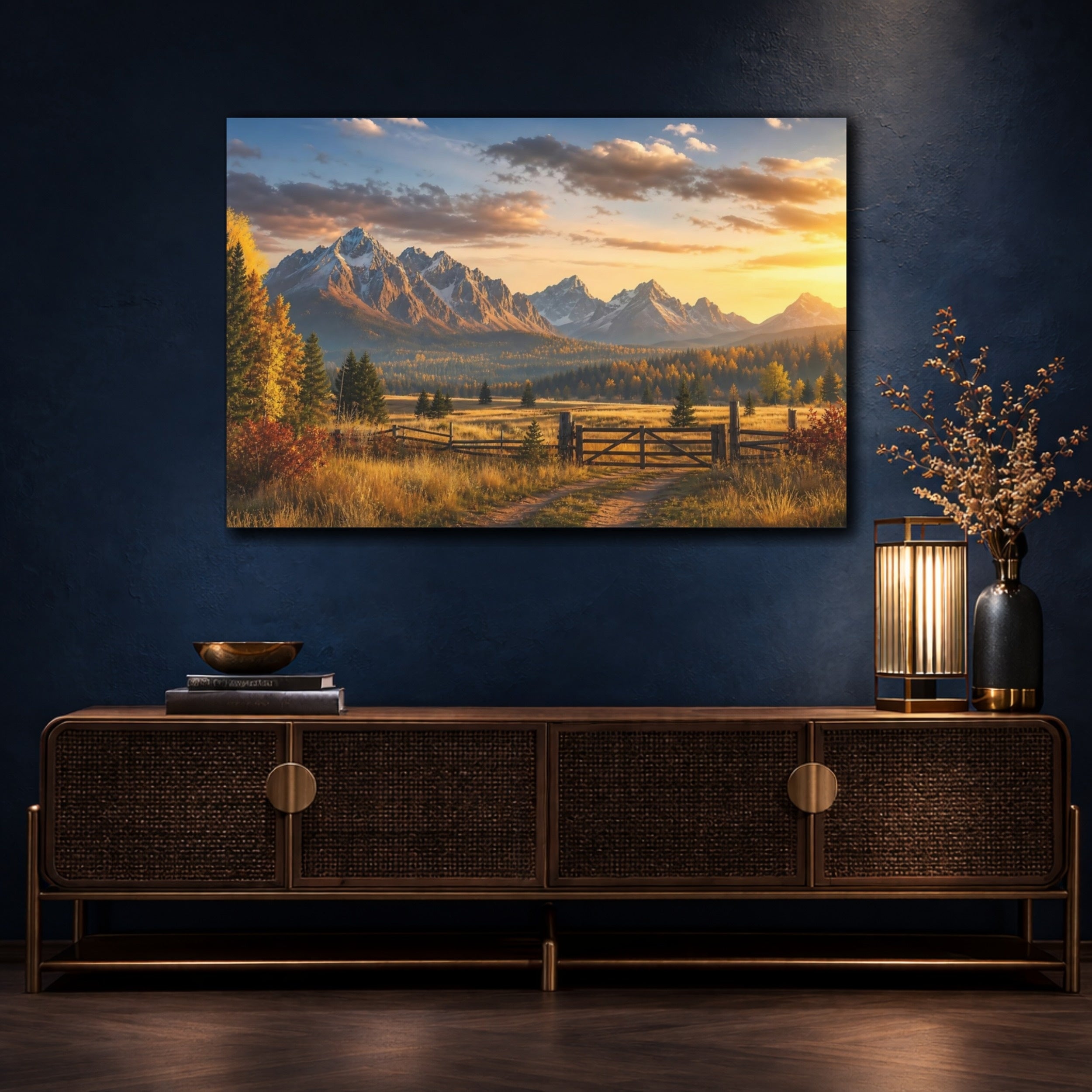 Mockup 4. Nature Snowy Mountains Autumn Mountain Landscape shown as stretched canvas wall art