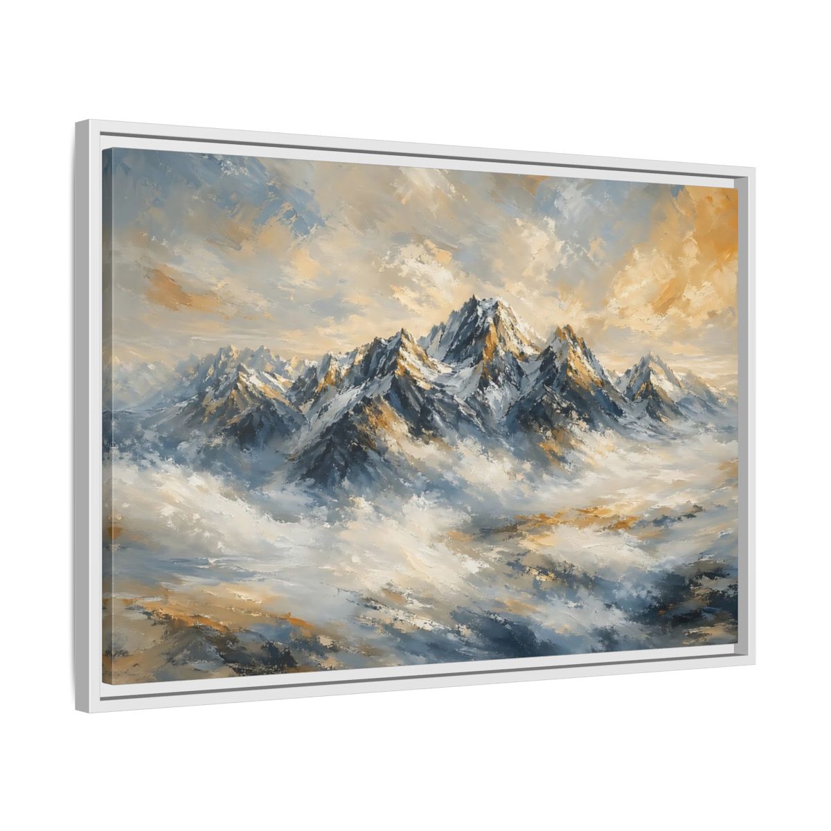 Side Mockup 10. Nature Snowy Mountains Blue And Gold Mountains shown as stretched canvas wall art
