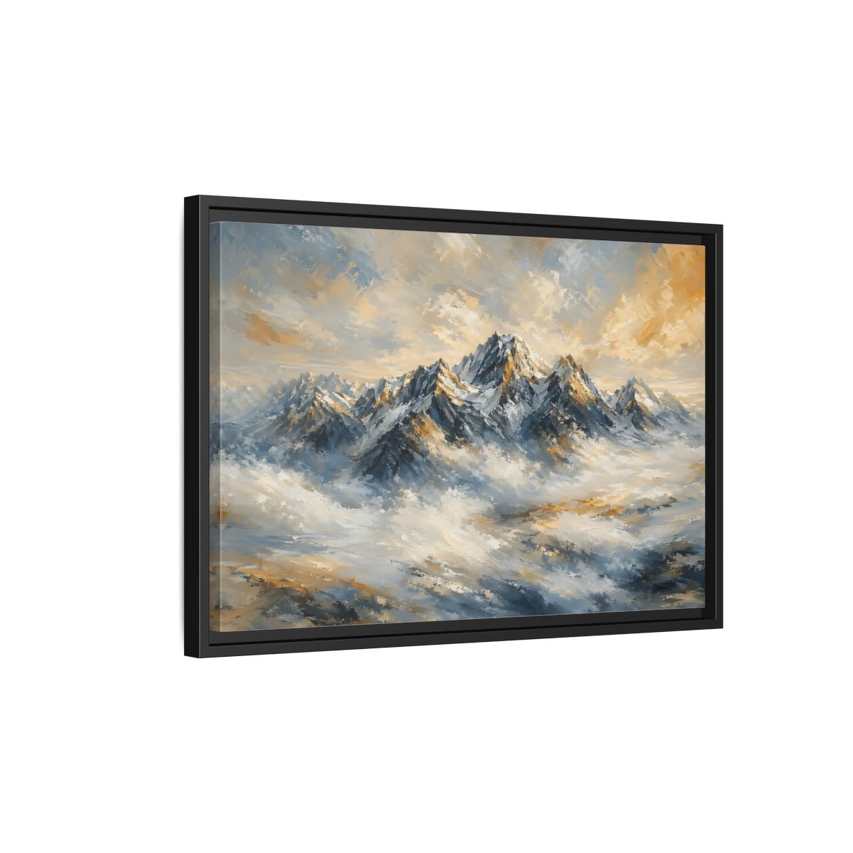 Side Mockup 3. Nature Snowy Mountains Blue And Gold Mountains shown as stretched canvas wall art