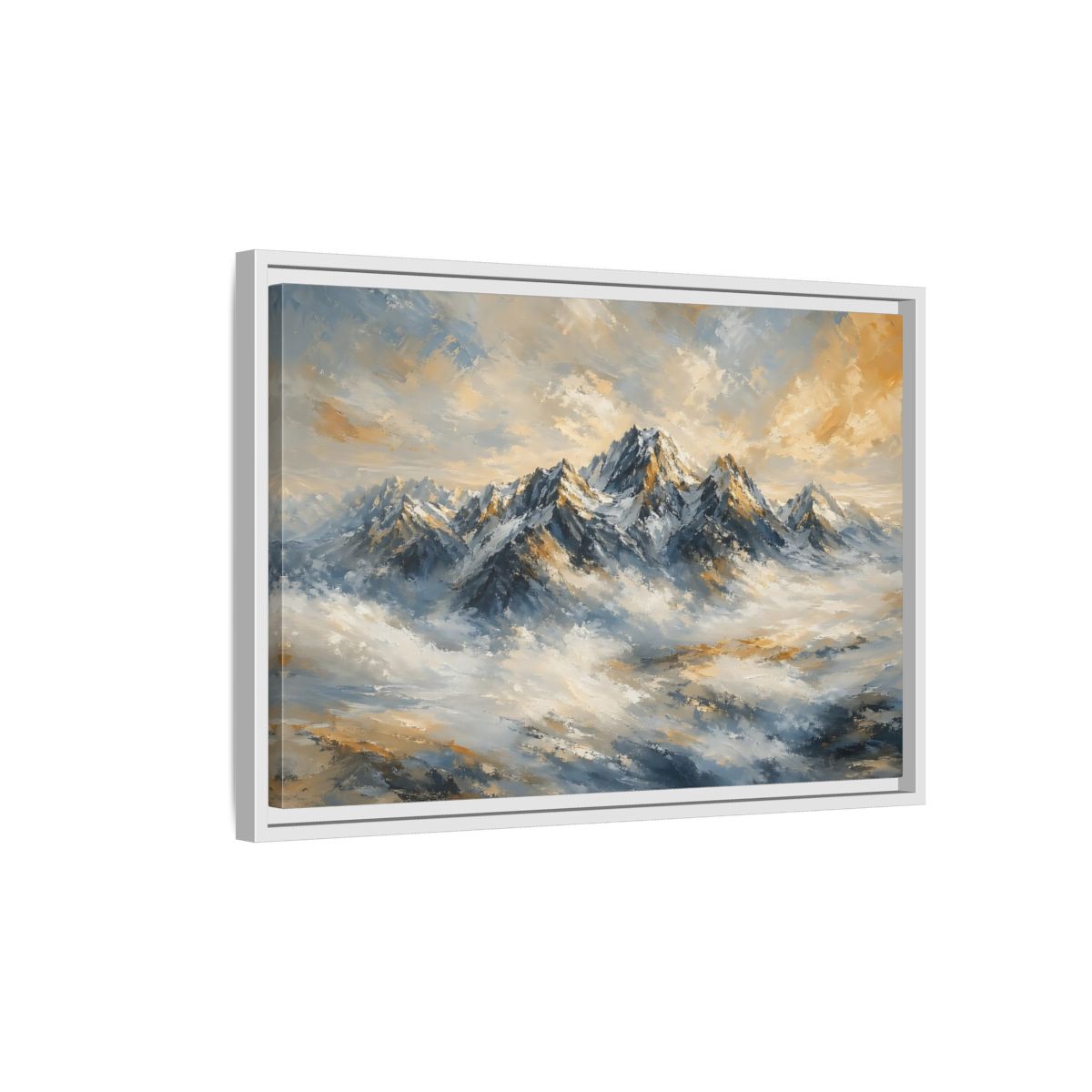 Side Mockup 1. Nature Snowy Mountains Blue And Gold Mountains shown as stretched canvas wall art