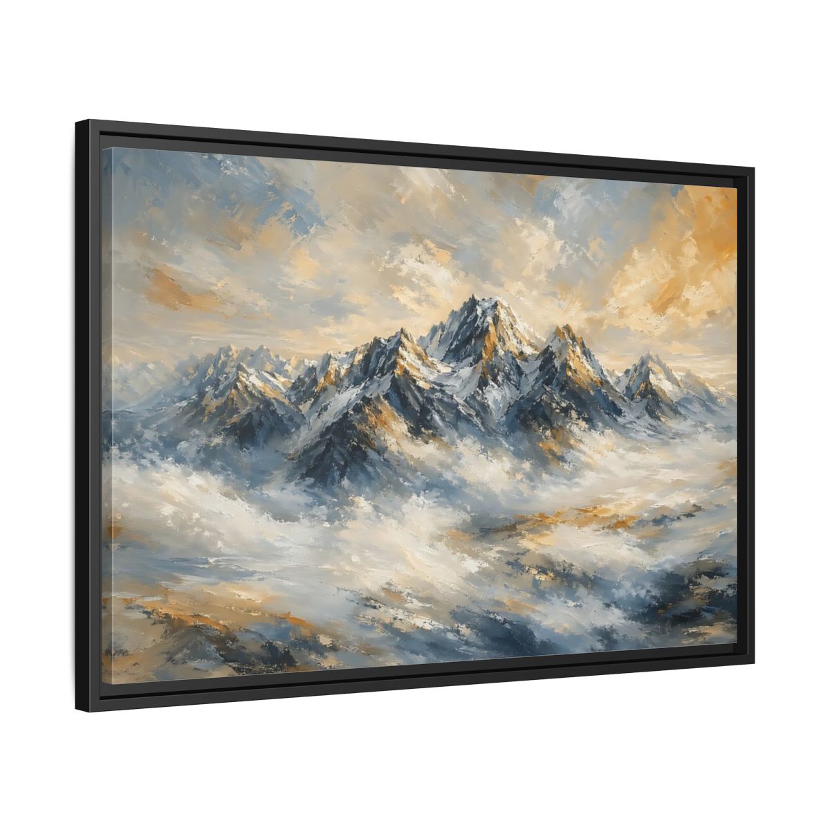 Side Mockup 14. Nature Snowy Mountains Blue And Gold Mountains shown as stretched canvas wall art