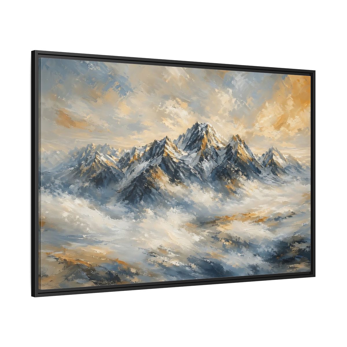 Side Mockup 12. Nature Snowy Mountains Blue And Gold Mountains shown as stretched canvas wall art