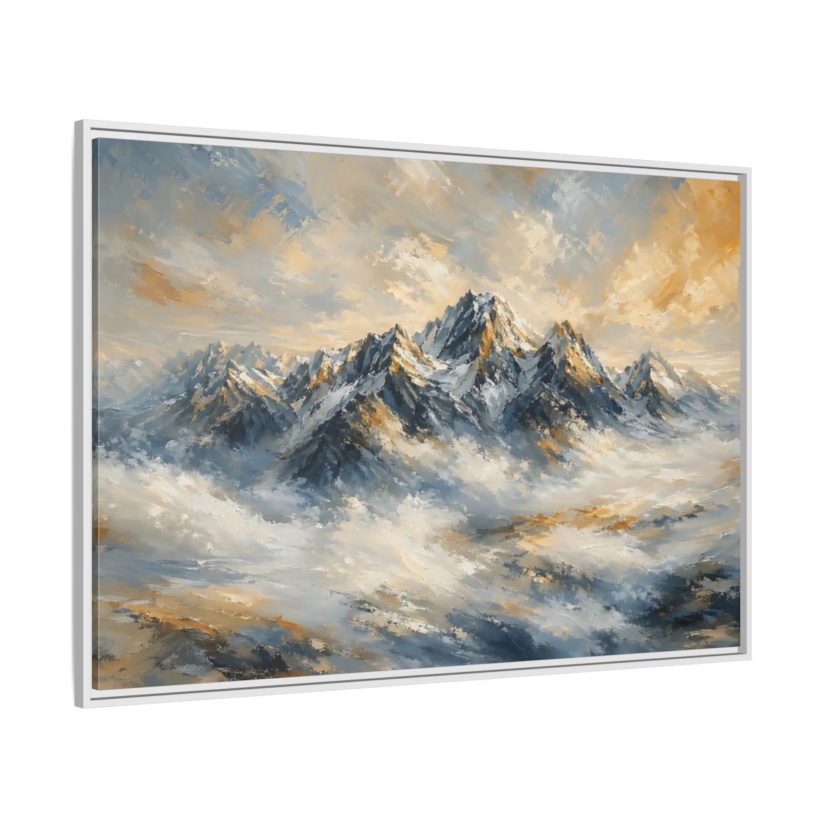 Side Mockup 7. Nature Snowy Mountains Blue And Gold Mountains shown as stretched canvas wall art