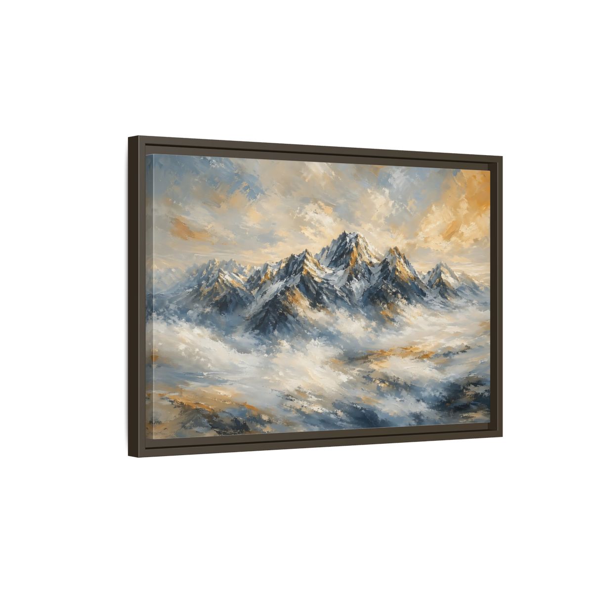 Side Mockup 2. Nature Snowy Mountains Blue And Gold Mountains shown as stretched canvas wall art