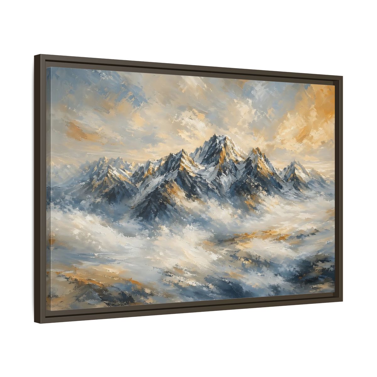 Side Mockup 11. Nature Snowy Mountains Blue And Gold Mountains shown as stretched canvas wall art