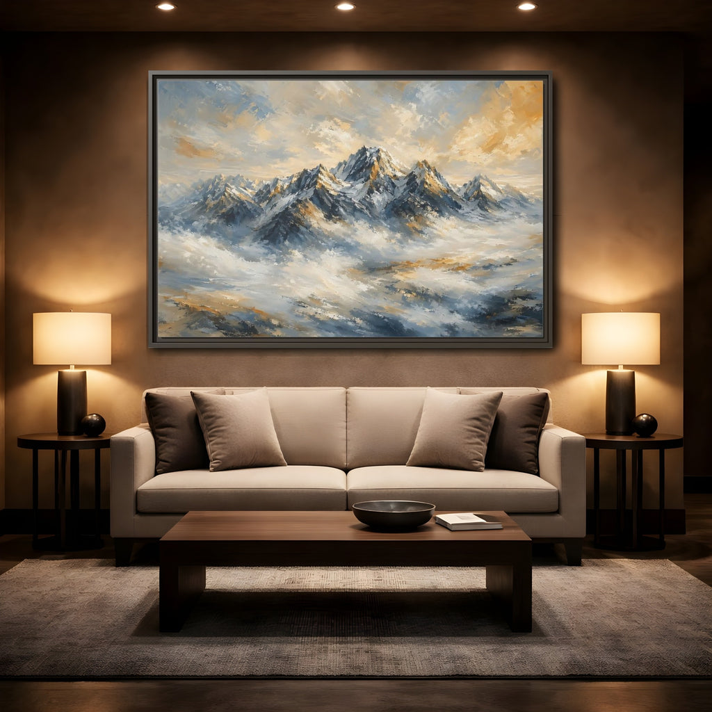 Mockup 2. Nature Snowy Mountains Blue And Gold Mountains shown as stretched canvas wall art