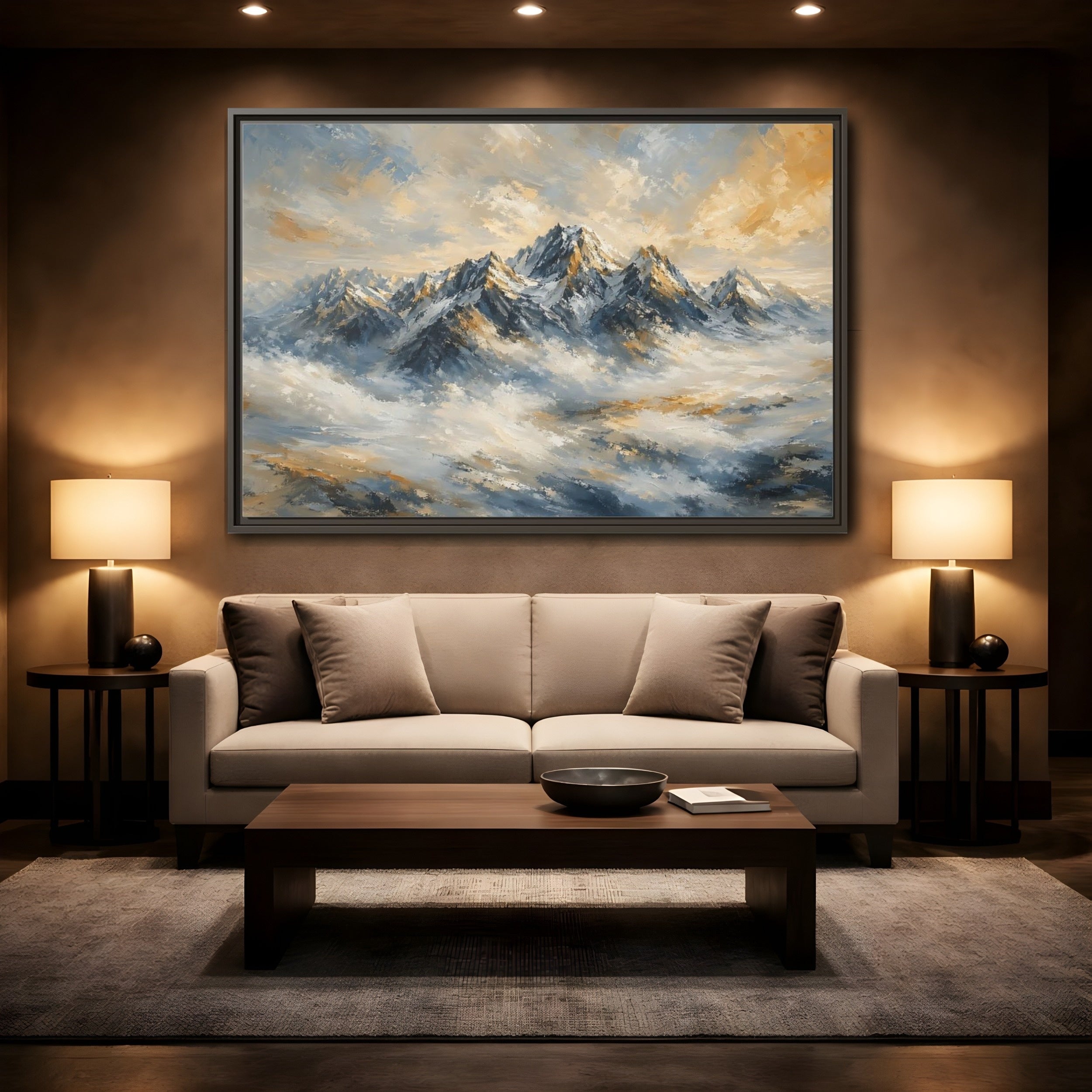 Mockup 2. Nature Snowy Mountains Blue And Gold Mountains shown as stretched canvas wall art