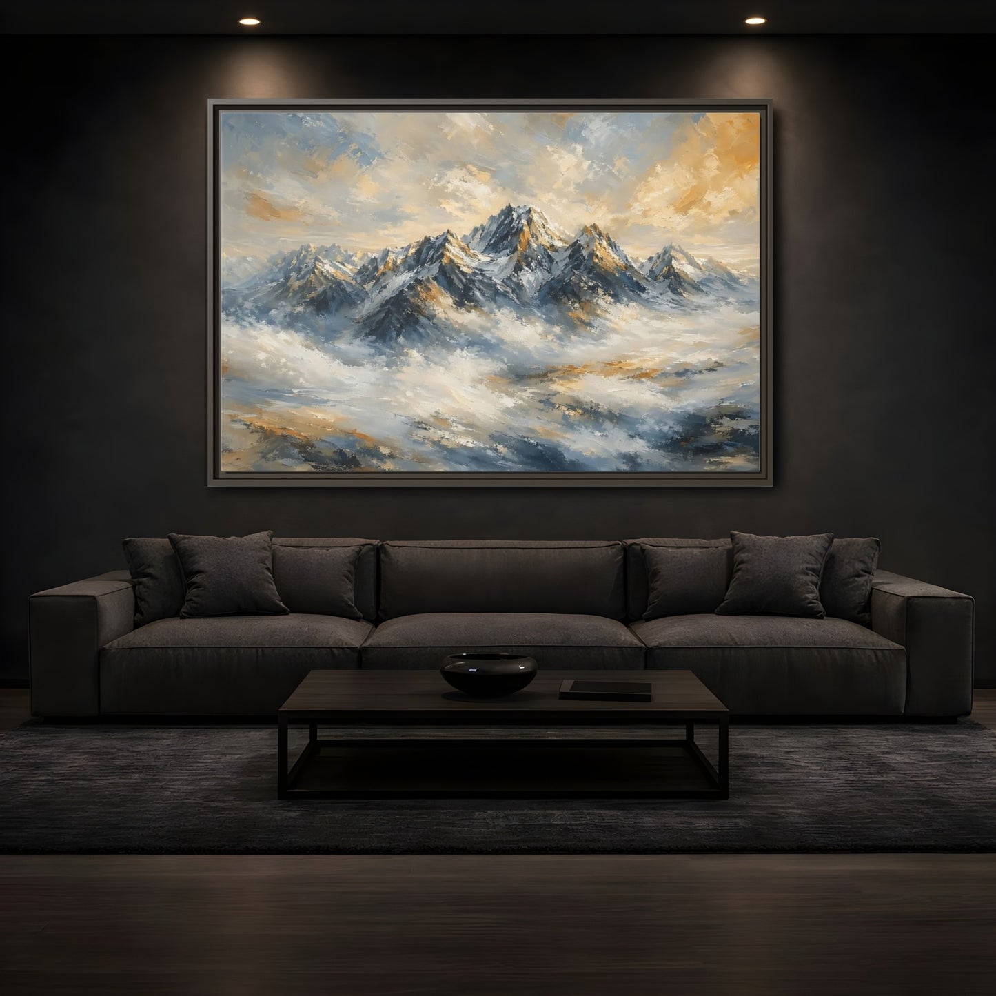Mockup 3. Nature Snowy Mountains Blue And Gold Mountains shown as stretched canvas wall art