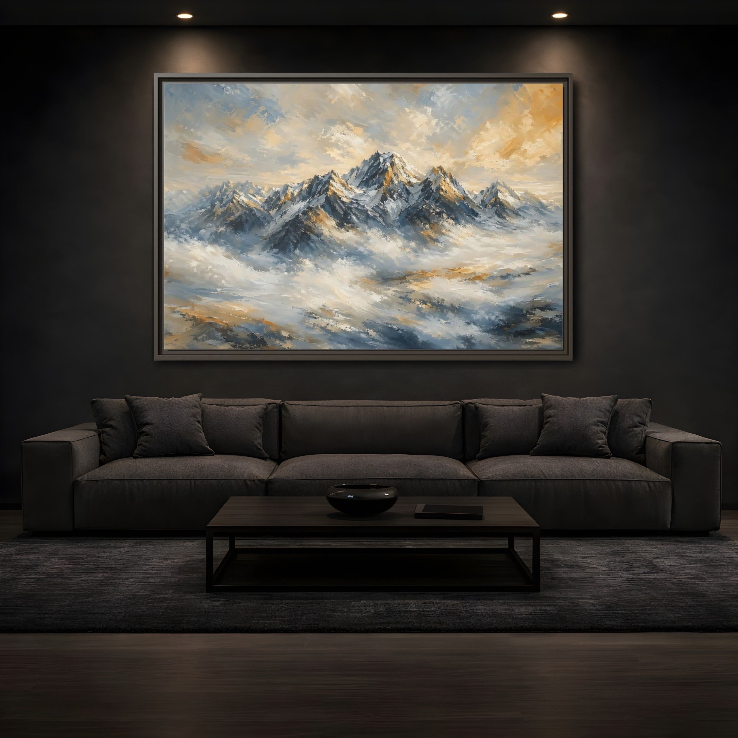 Mockup 3. Nature Snowy Mountains Blue And Gold Mountains shown as stretched canvas wall art