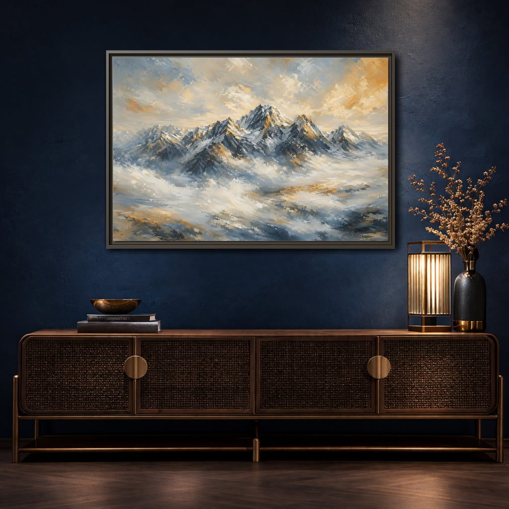 Mockup 4. Nature Snowy Mountains Blue And Gold Mountains shown as stretched canvas wall art