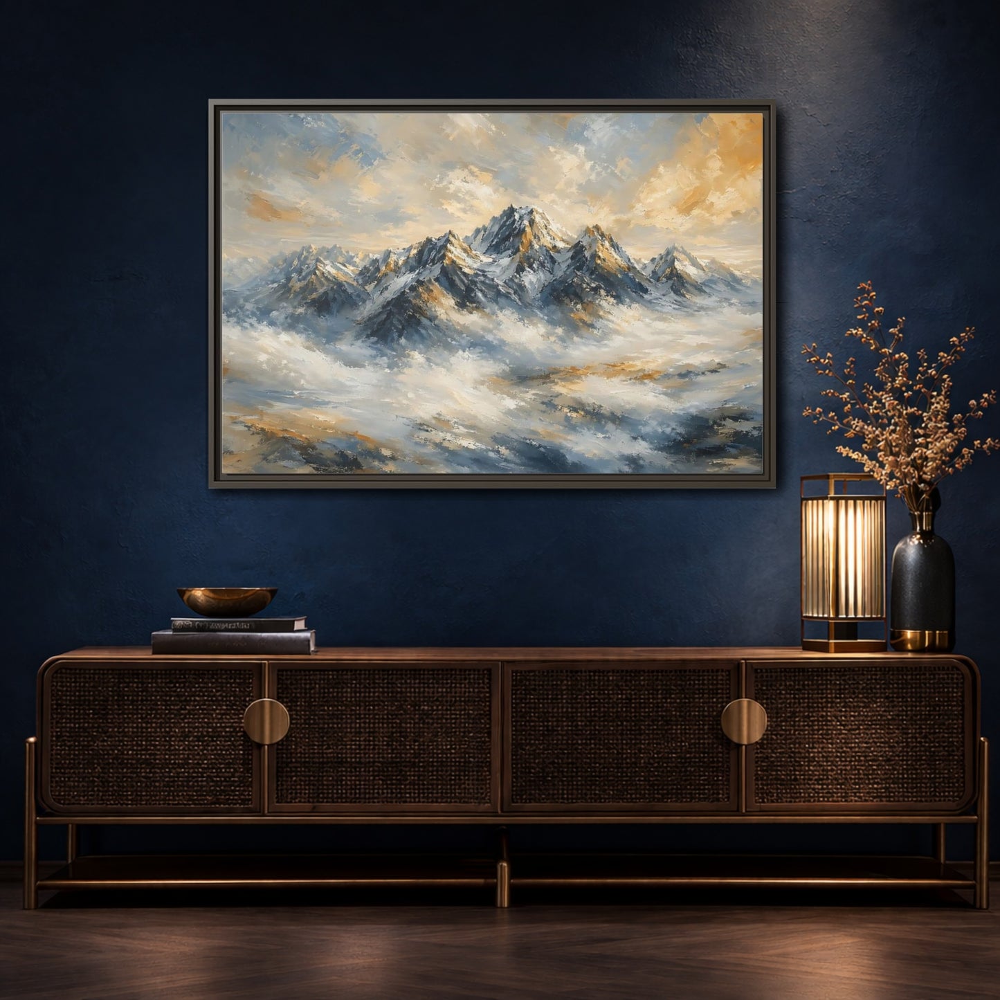 Mockup 4. Nature Snowy Mountains Blue And Gold Mountains shown as stretched canvas wall art