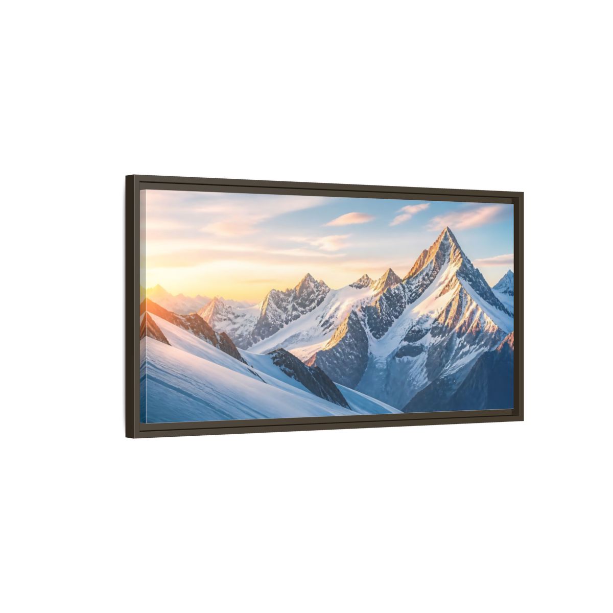Main Mockup. Nature Snowy Mountains Blue And Orange shown as stretched canvas wall art