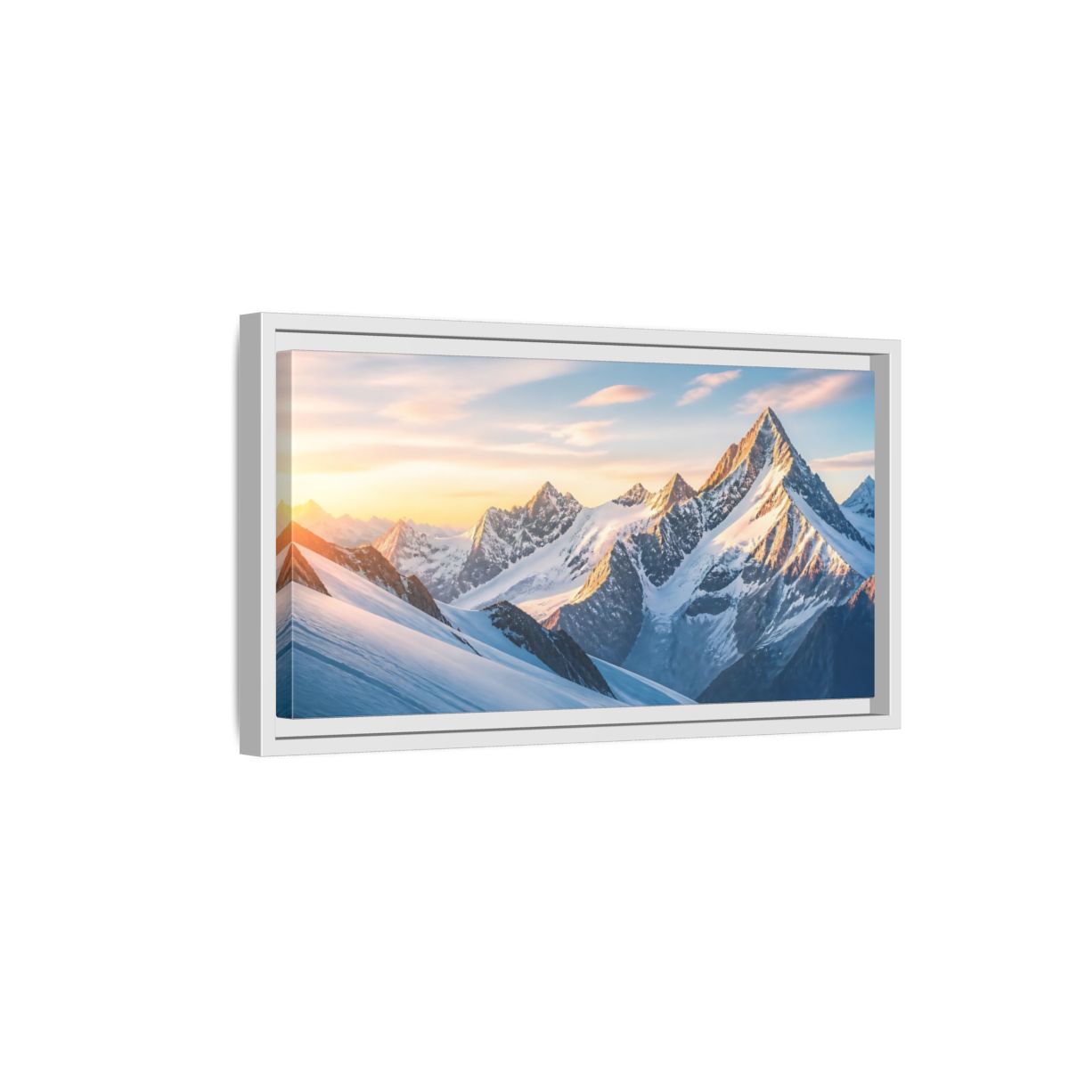 Side Mockup 6. Nature Snowy Mountains Blue And Orange shown as stretched canvas wall art