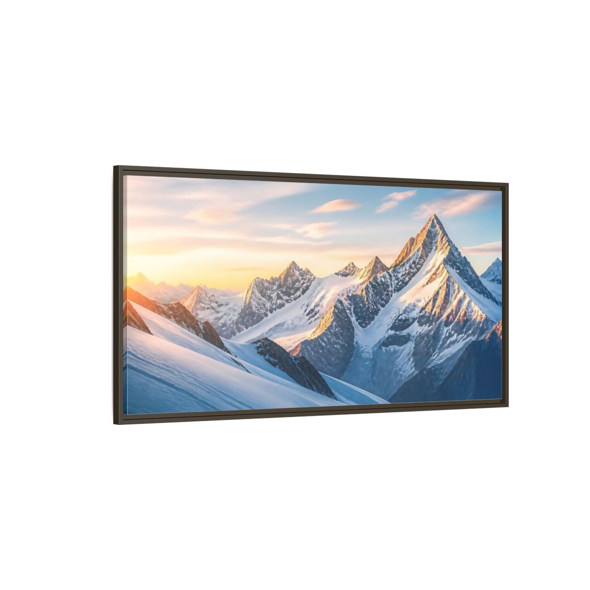 Side Mockup 4. Nature Snowy Mountains Blue And Orange shown as stretched canvas wall art